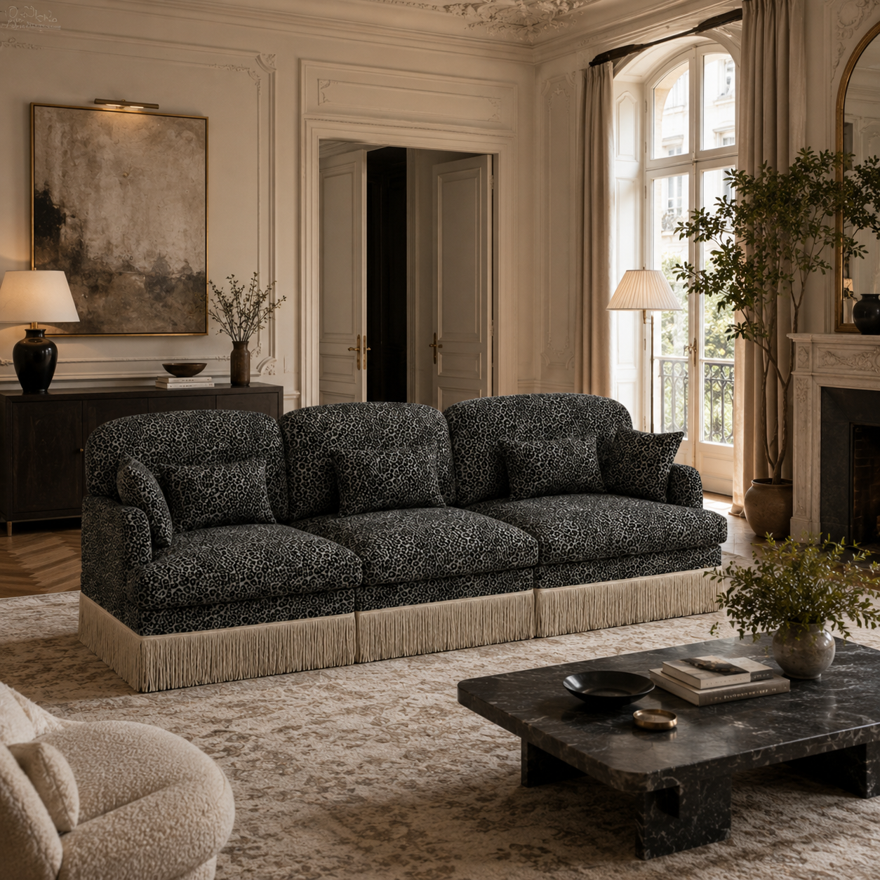 Tucson 100" Leopard Print Chenille 3-Seater Modular Sofa with Fringe Skirt