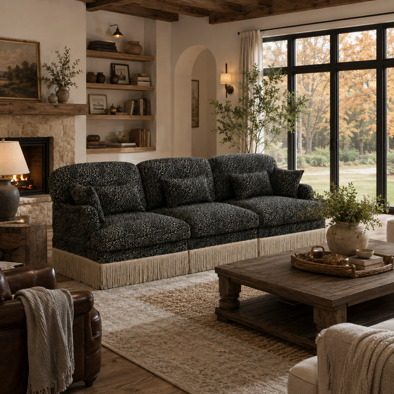 Tucson 100" Leopard Print Chenille 3-Seater Modular Sofa with Fringe Skirt