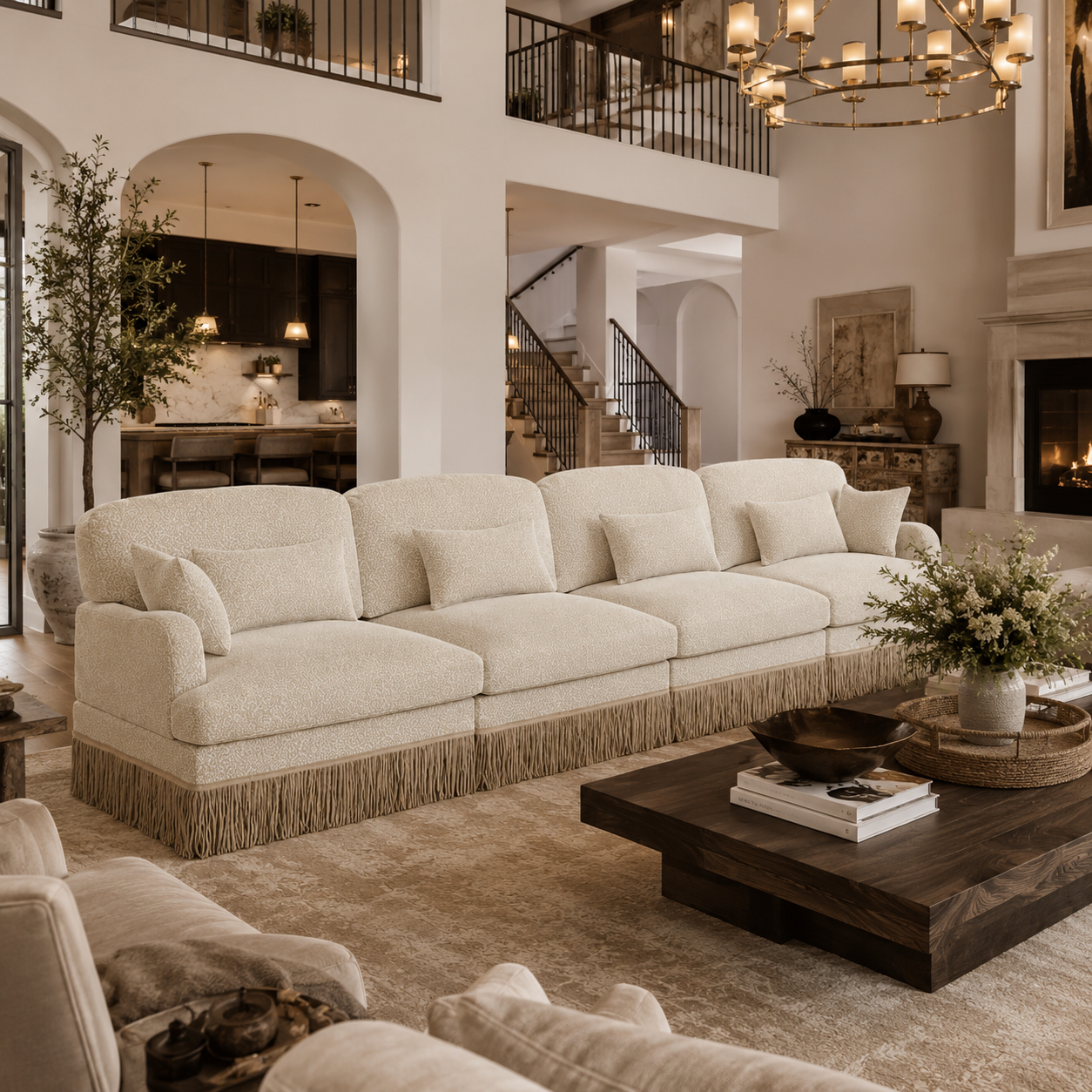 Tucson 131" Leopard Print Chenille 3-Seater Modular Sofa with Fringe Skirt