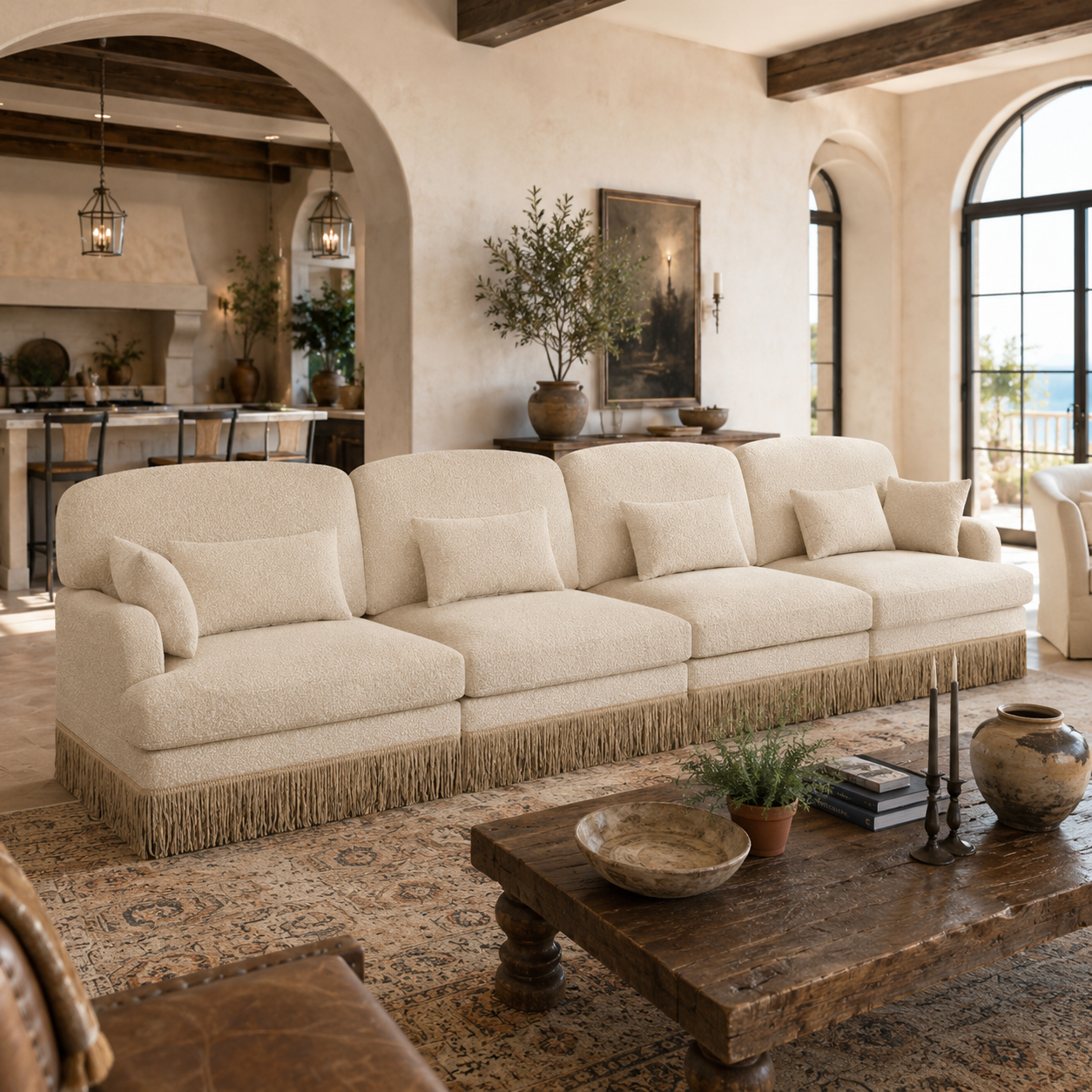 Tucson 131" Leopard Print Chenille 3-Seater Modular Sofa with Fringe Skirt