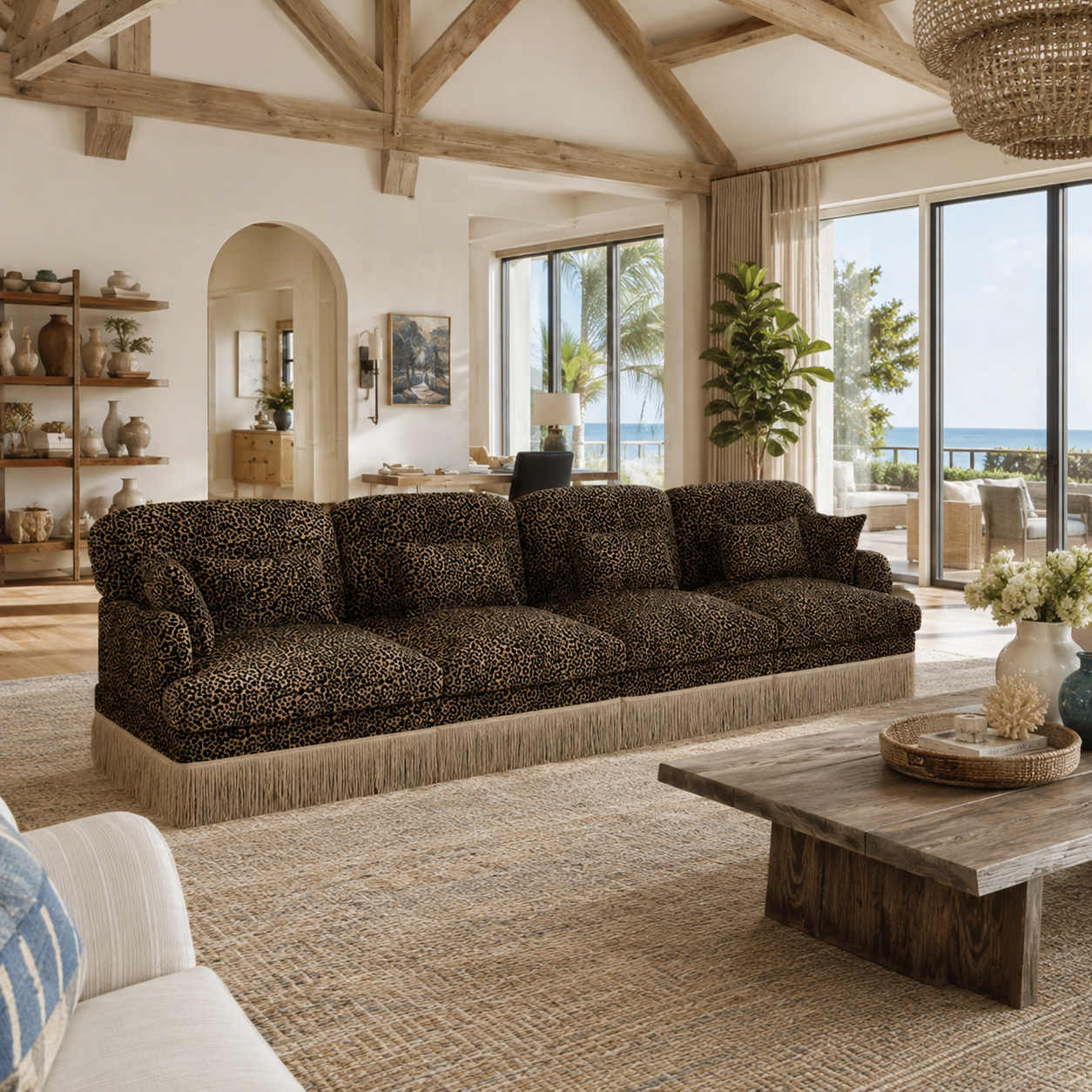 Tucson 131" Leopard Print Chenille 3-Seater Modular Sofa with Fringe Skirt