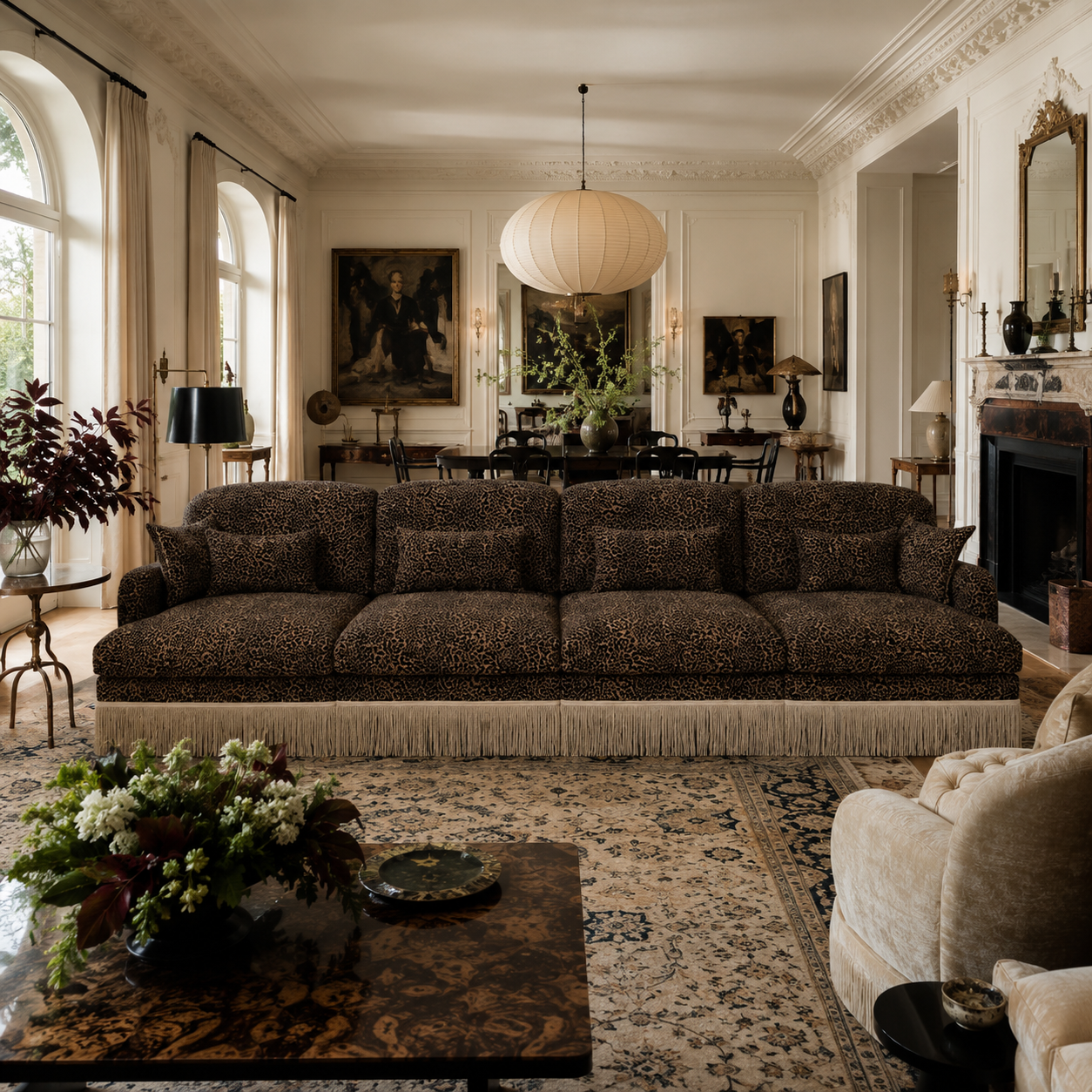 Tucson 131" Leopard Print Chenille 3-Seater Modular Sofa with Fringe Skirt