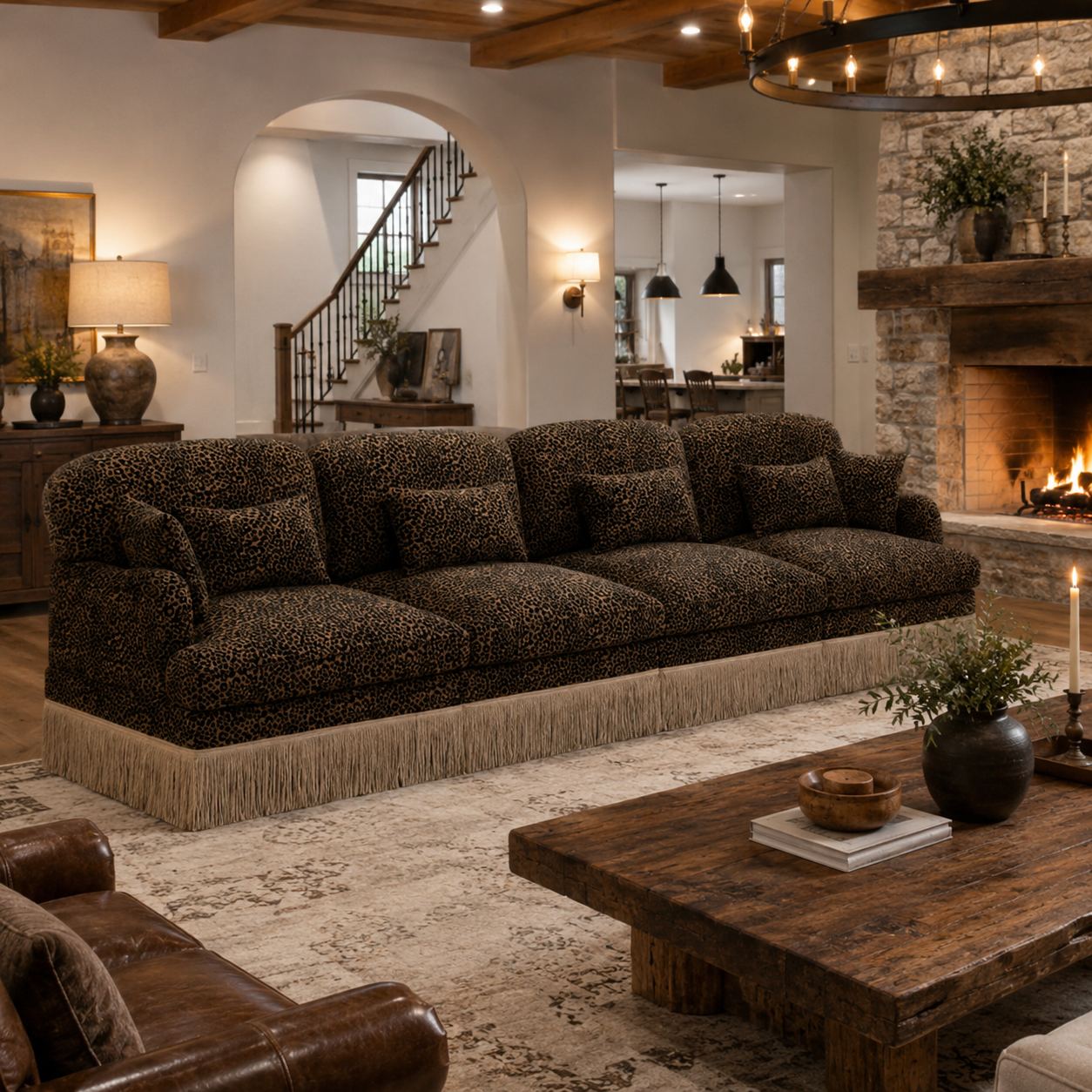 Tucson 131" Leopard Print Chenille 3-Seater Modular Sofa with Fringe Skirt