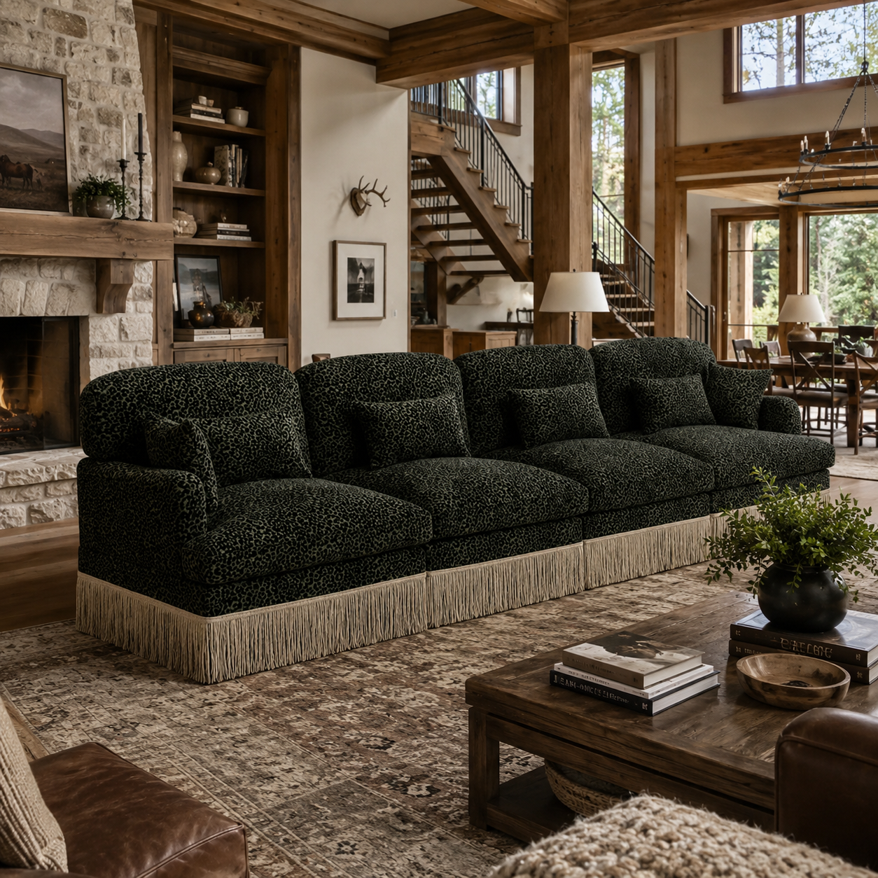 Tucson 131" Leopard Print Chenille 3-Seater Modular Sofa with Fringe Skirt