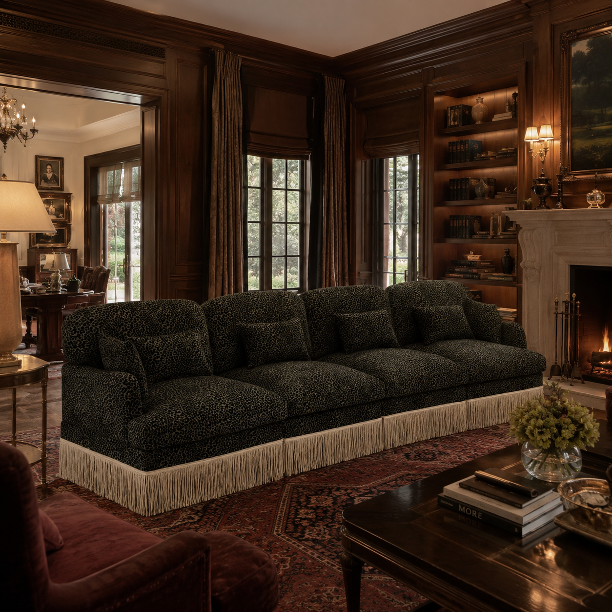 Tucson 131" Leopard Print Chenille 3-Seater Modular Sofa with Fringe Skirt