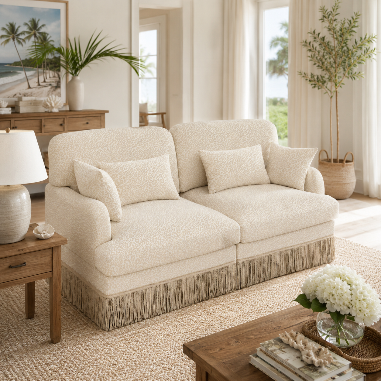Tucson 69" Leopard Print Chenille Modular Deep Seat Loveseat Couch with Fringe Skirt