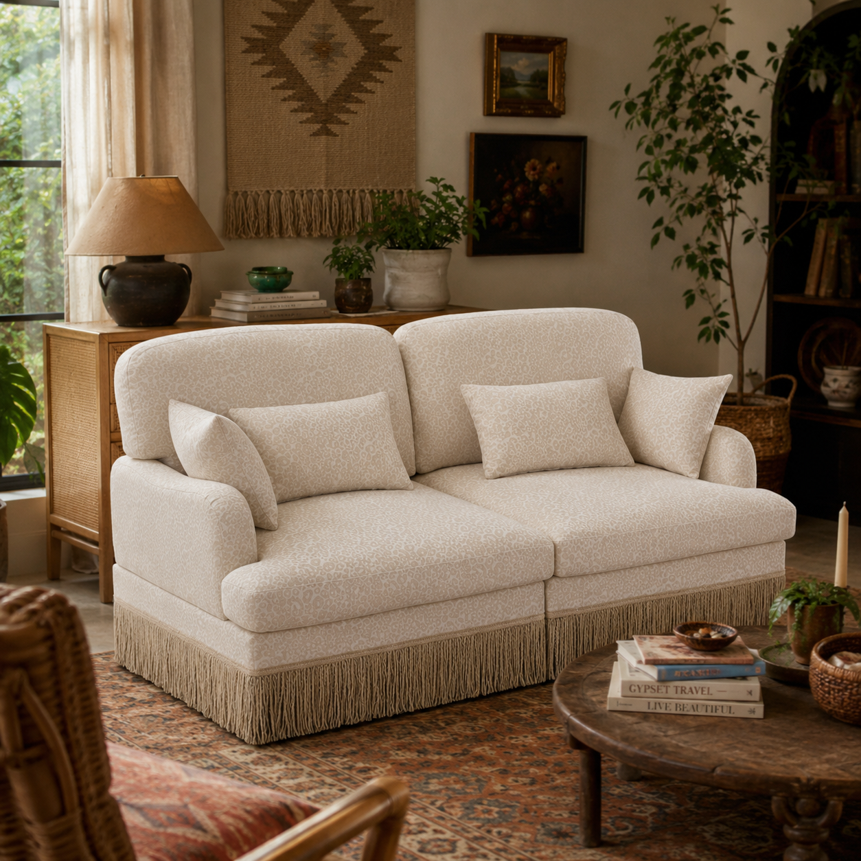 Tucson 69" Leopard Print Chenille Modular Deep Seat Loveseat Couch with Fringe Skirt