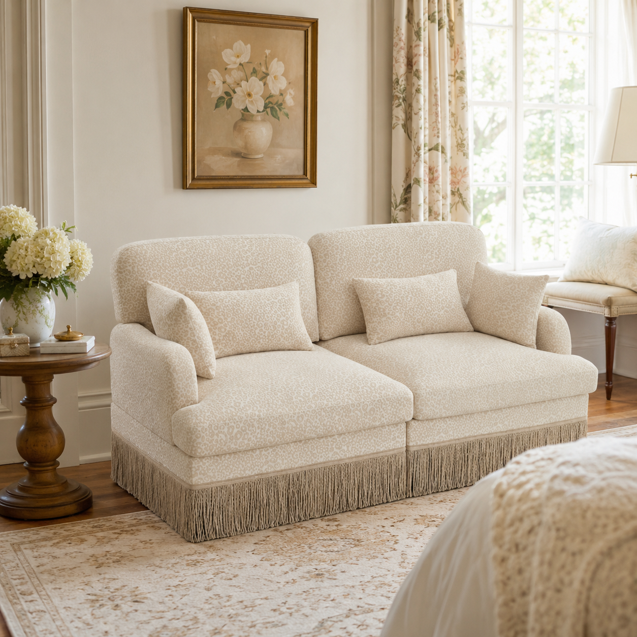 Tucson 69" Leopard Print Chenille Modular Deep Seat Loveseat Couch with Fringe Skirt