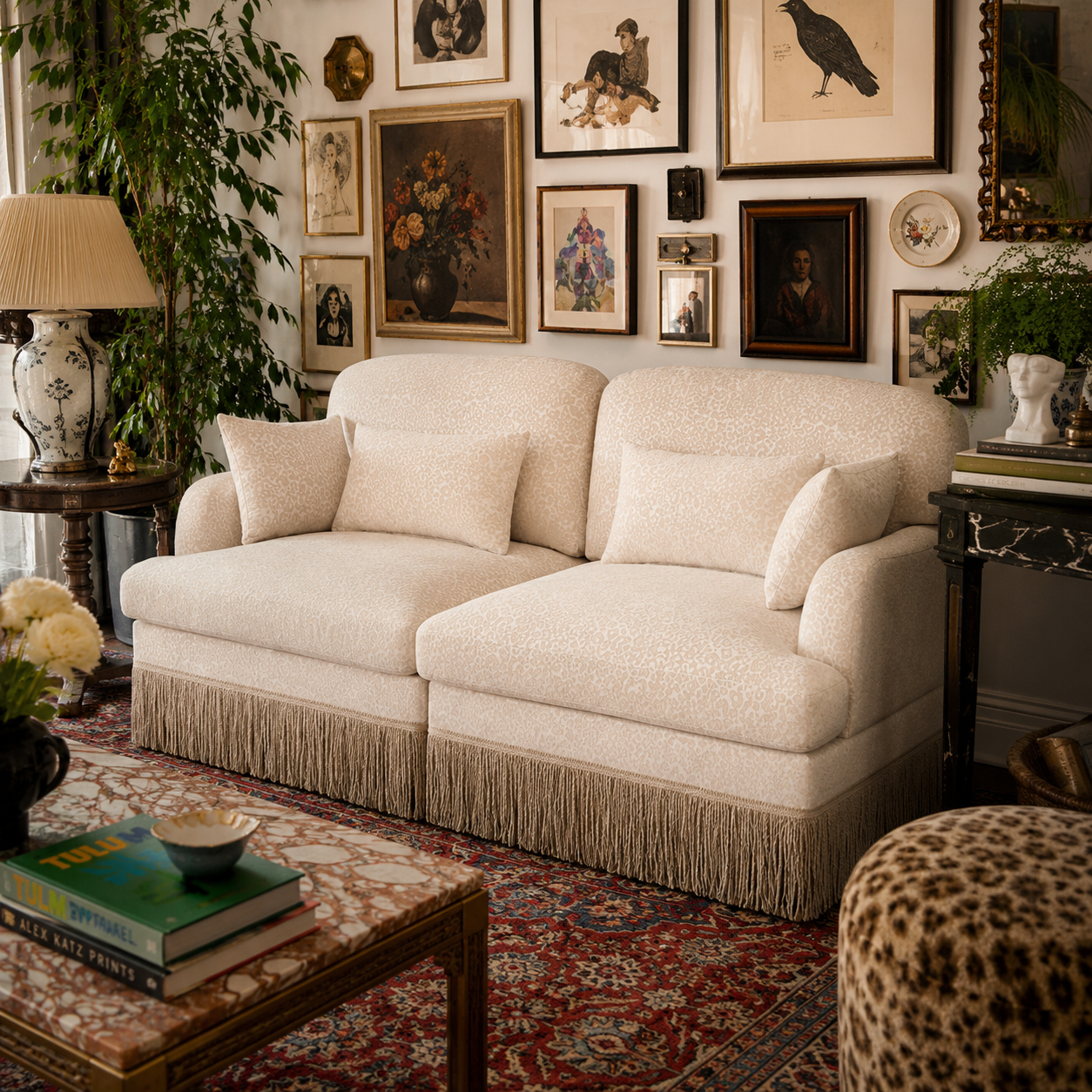 Tucson 69" Leopard Print Chenille Modular Deep Seat Loveseat Couch with Fringe Skirt
