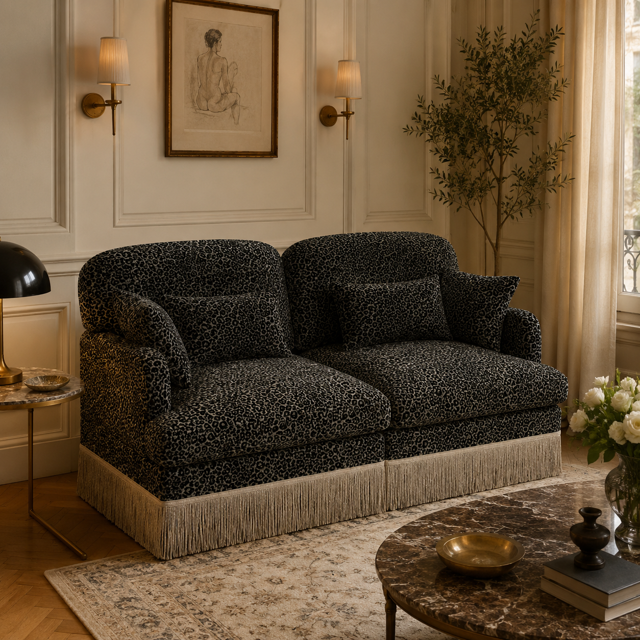 Tucson 69" Leopard Print Chenille Modular Deep Seat Loveseat Couch with Fringe Skirt