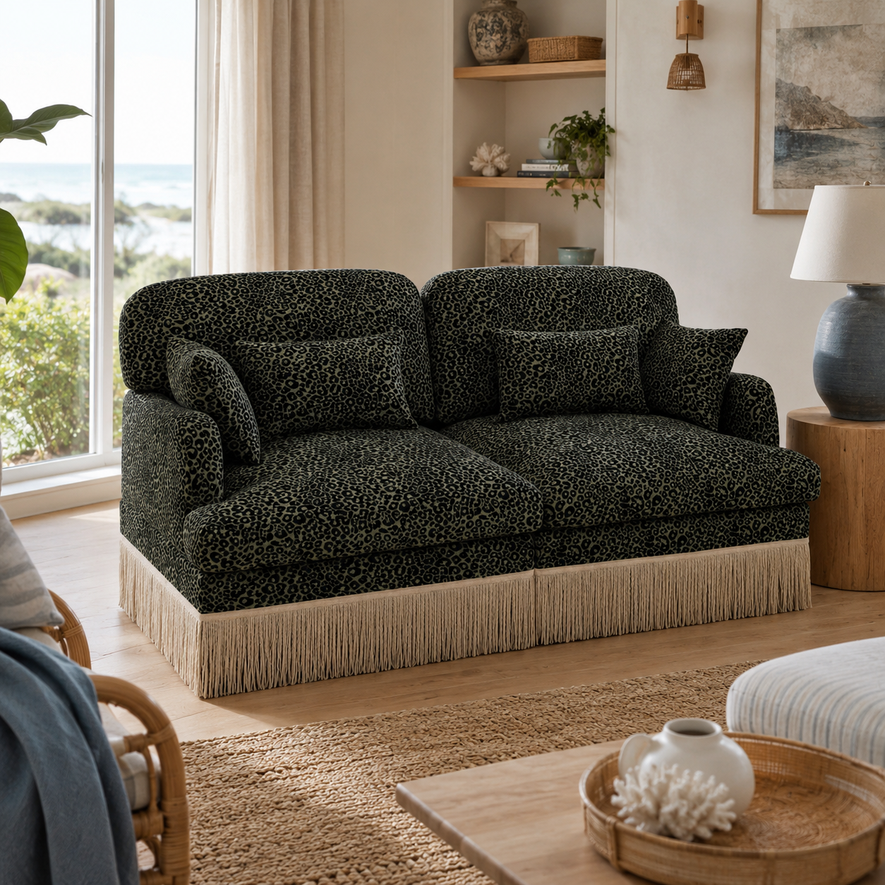 Tucson 69" Leopard Print Chenille Modular Deep Seat Loveseat Couch with Fringe Skirt