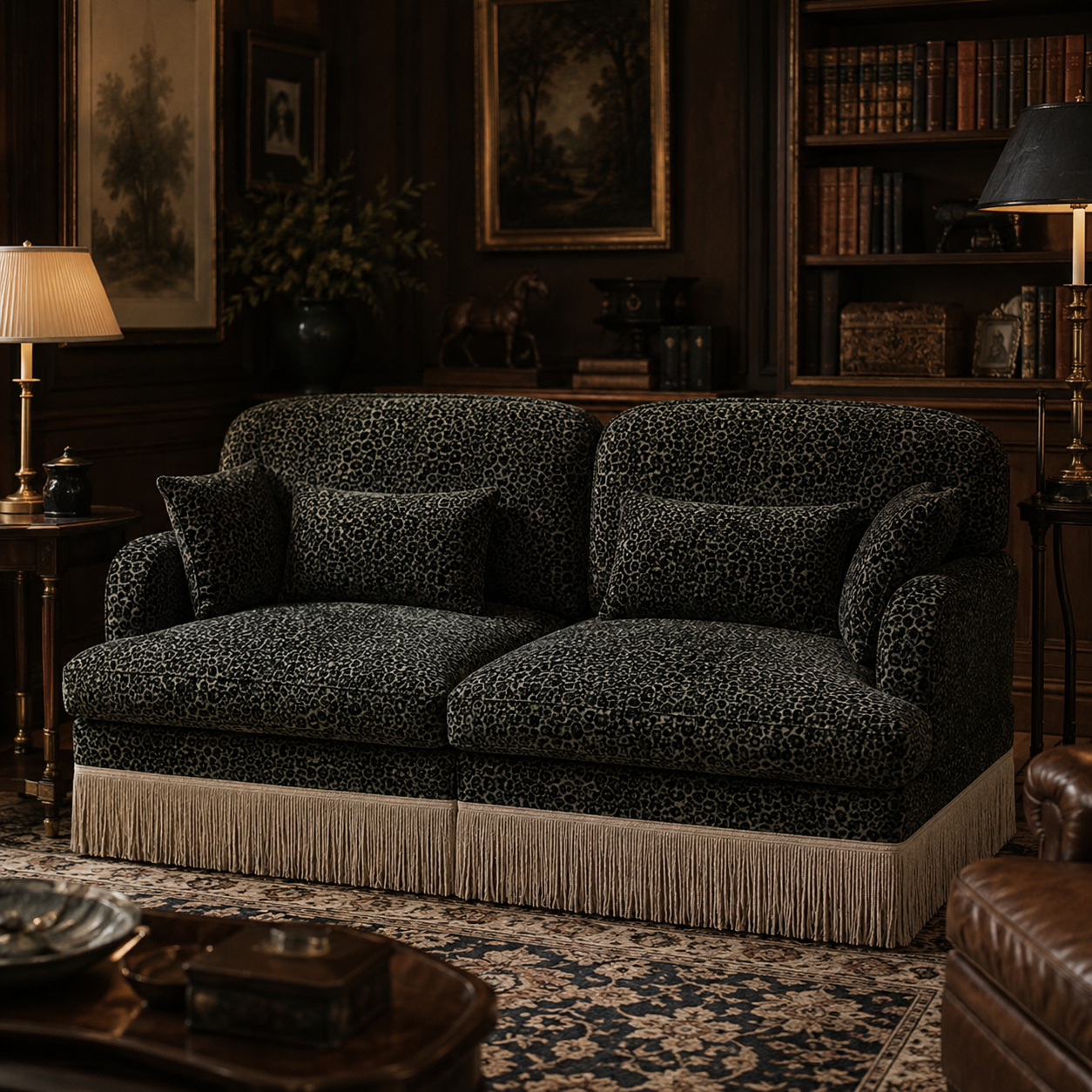 Tucson 69" Leopard Print Chenille Modular Deep Seat Loveseat Couch with Fringe Skirt