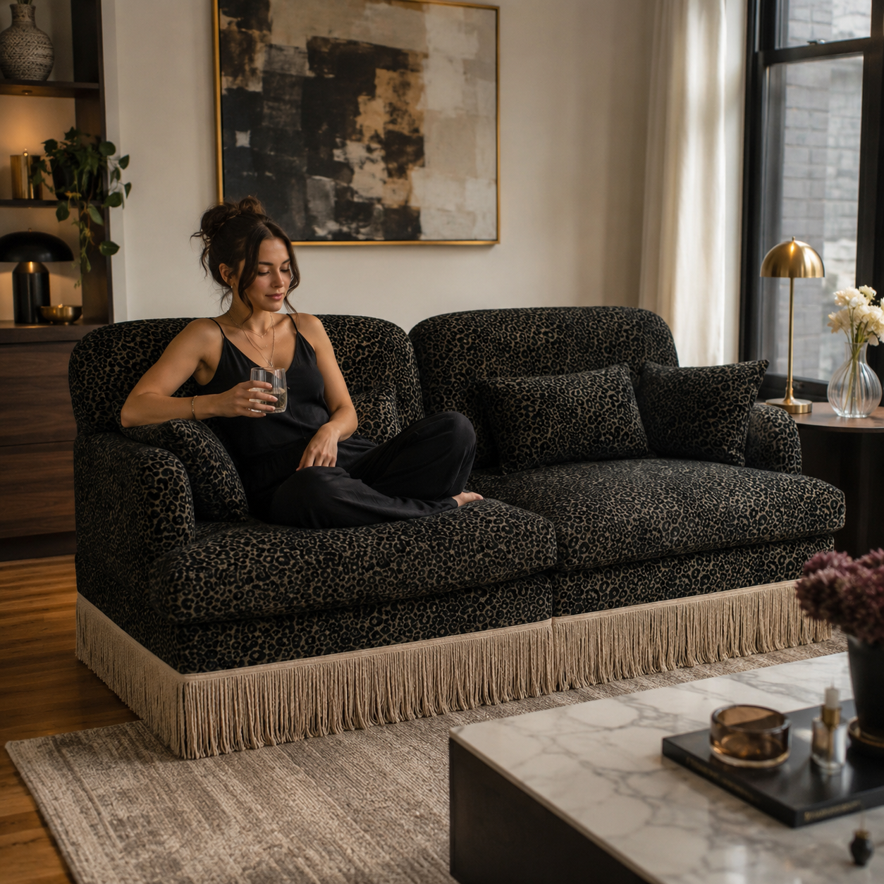 Tucson 69" Leopard Print Chenille Modular Deep Seat Loveseat Couch with Fringe Skirt
