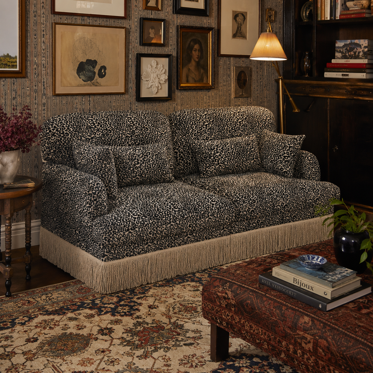 Tucson 69" Leopard Print Chenille Modular Deep Seat Loveseat Couch with Fringe Skirt