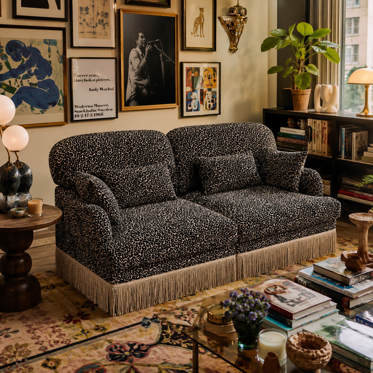 Tucson 69" Leopard Print Chenille Modular Deep Seat Loveseat Couch with Fringe Skirt