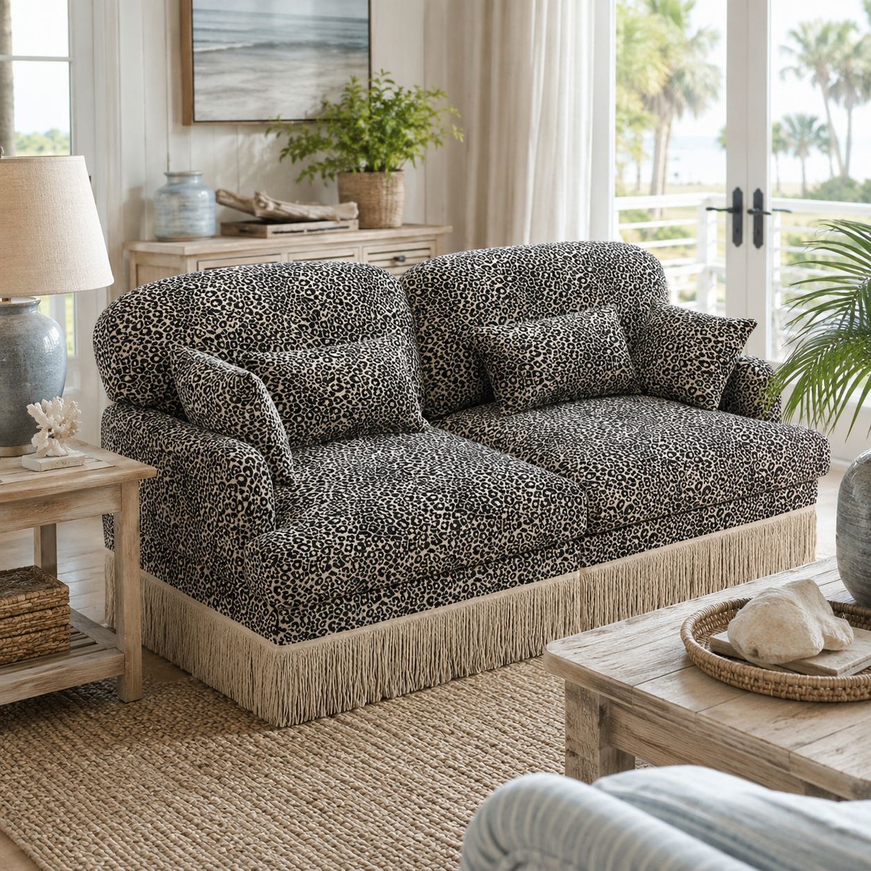 Tucson 69" Leopard Print Chenille Modular Deep Seat Loveseat Couch with Fringe Skirt