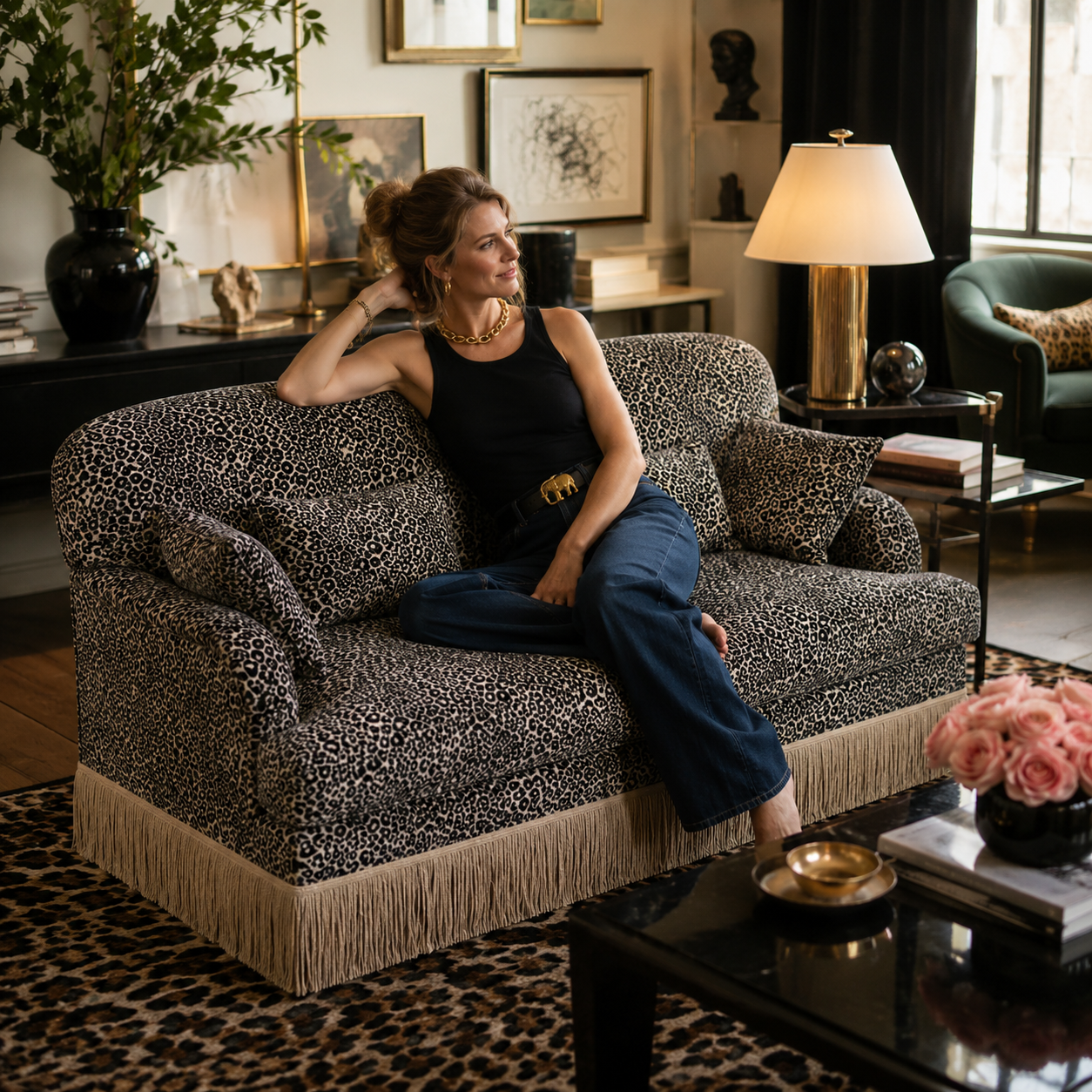 Tucson 69" Leopard Print Chenille Modular Deep Seat Loveseat Couch with Fringe Skirt