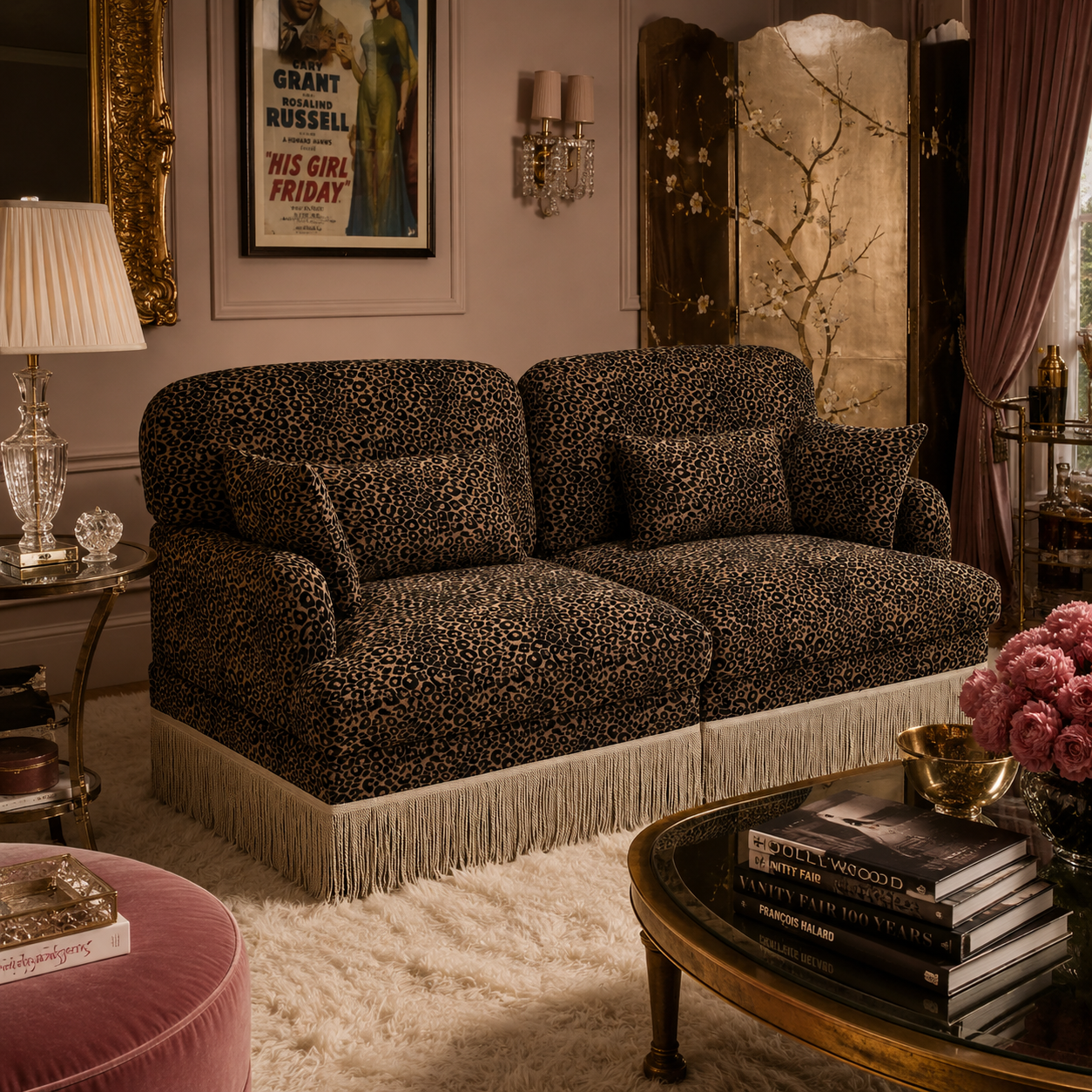 Tucson 69" Leopard Print Chenille Modular Deep Seat Loveseat Couch with Fringe Skirt