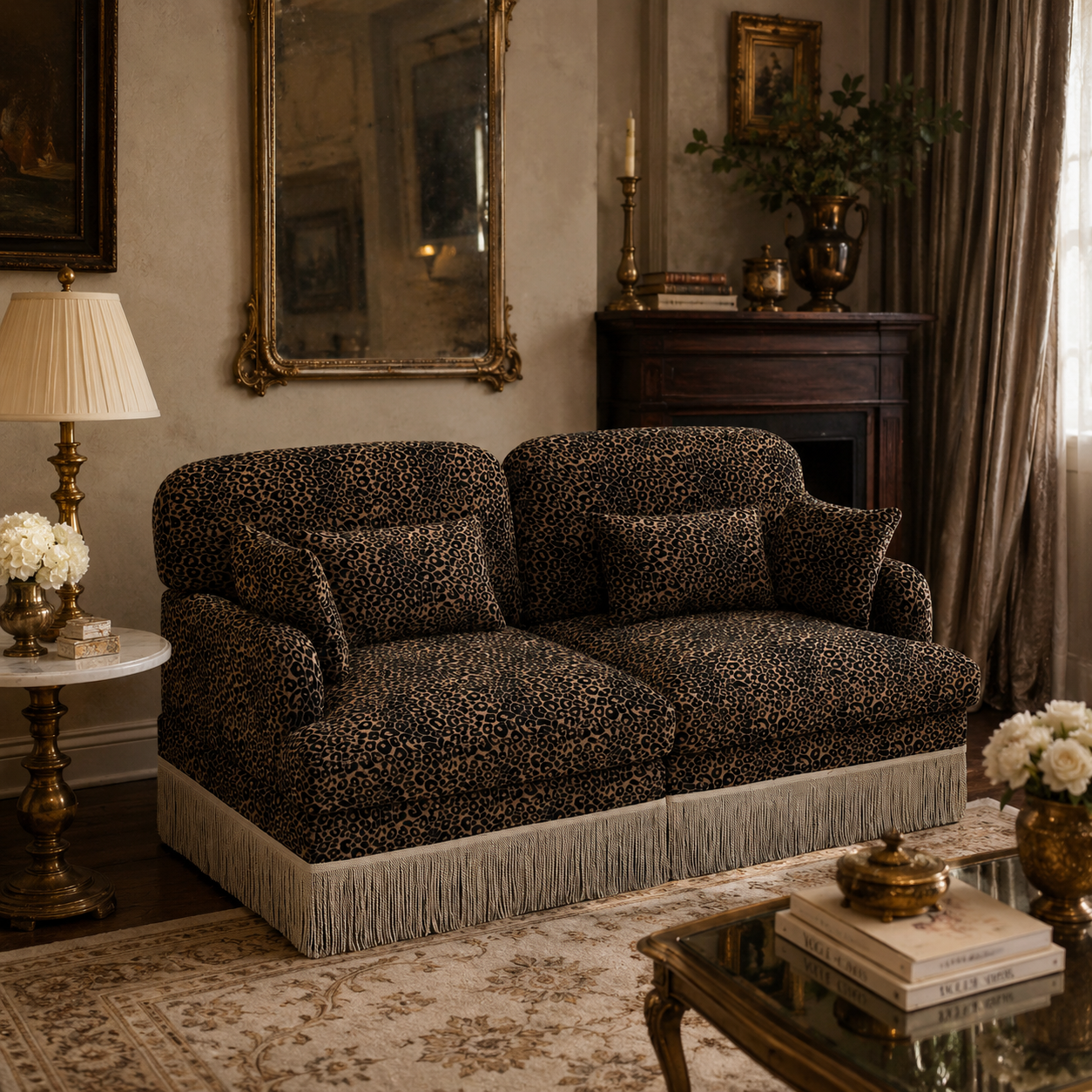 Tucson 69" Leopard Print Chenille Modular Deep Seat Loveseat Couch with Fringe Skirt