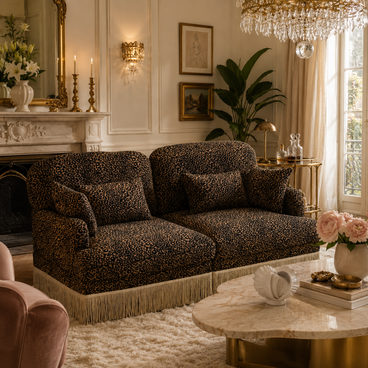 Tucson 69" Leopard Print Chenille Modular Deep Seat Loveseat Couch with Fringe Skirt