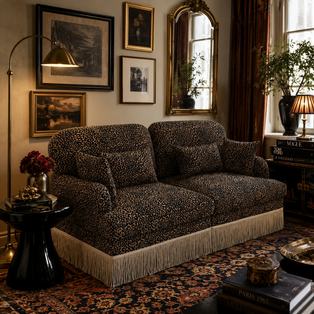 Tucson 69" Leopard Print Chenille Modular Deep Seat Loveseat Couch with Fringe Skirt