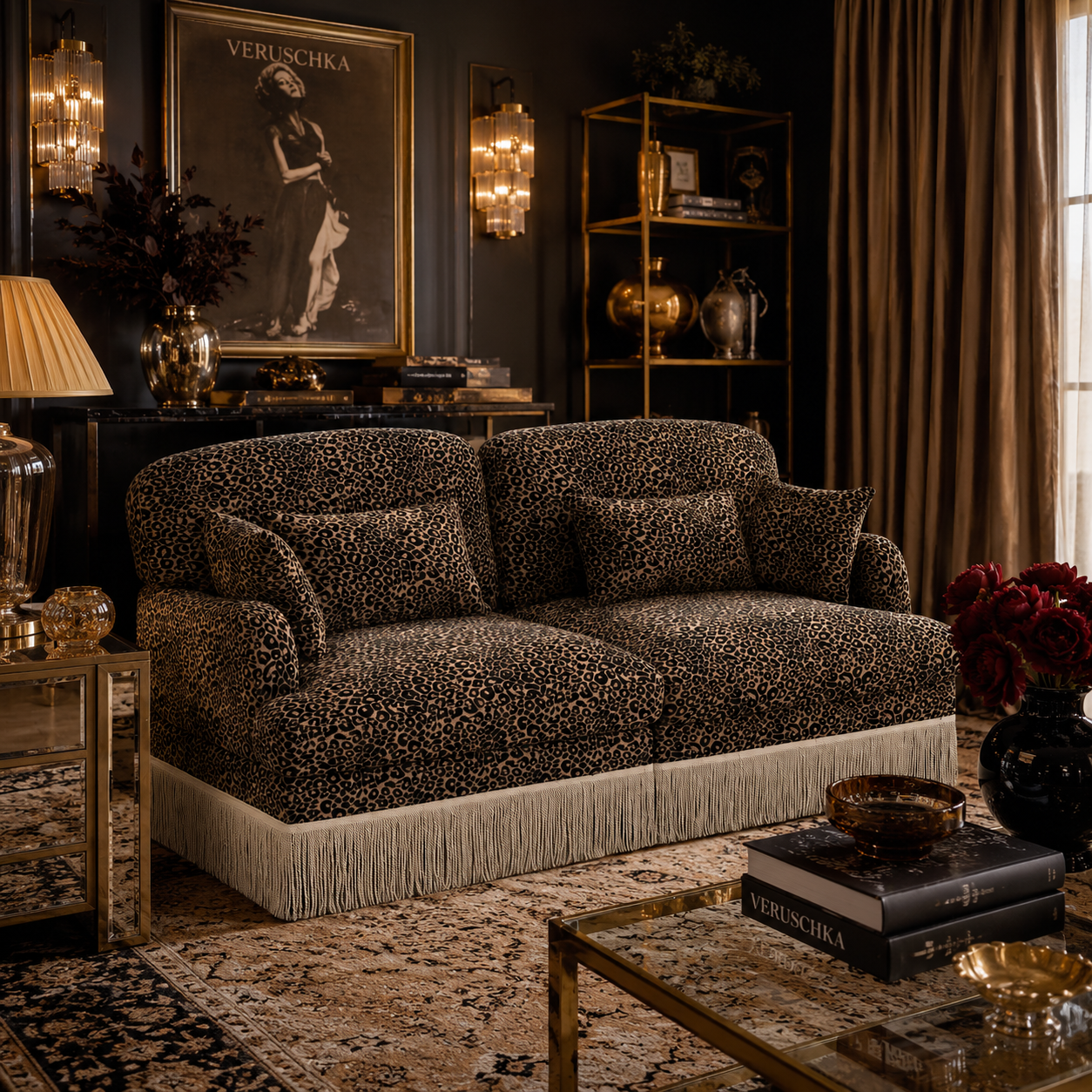 Tucson 69" Leopard Print Chenille Modular Deep Seat Loveseat Couch with Fringe Skirt
