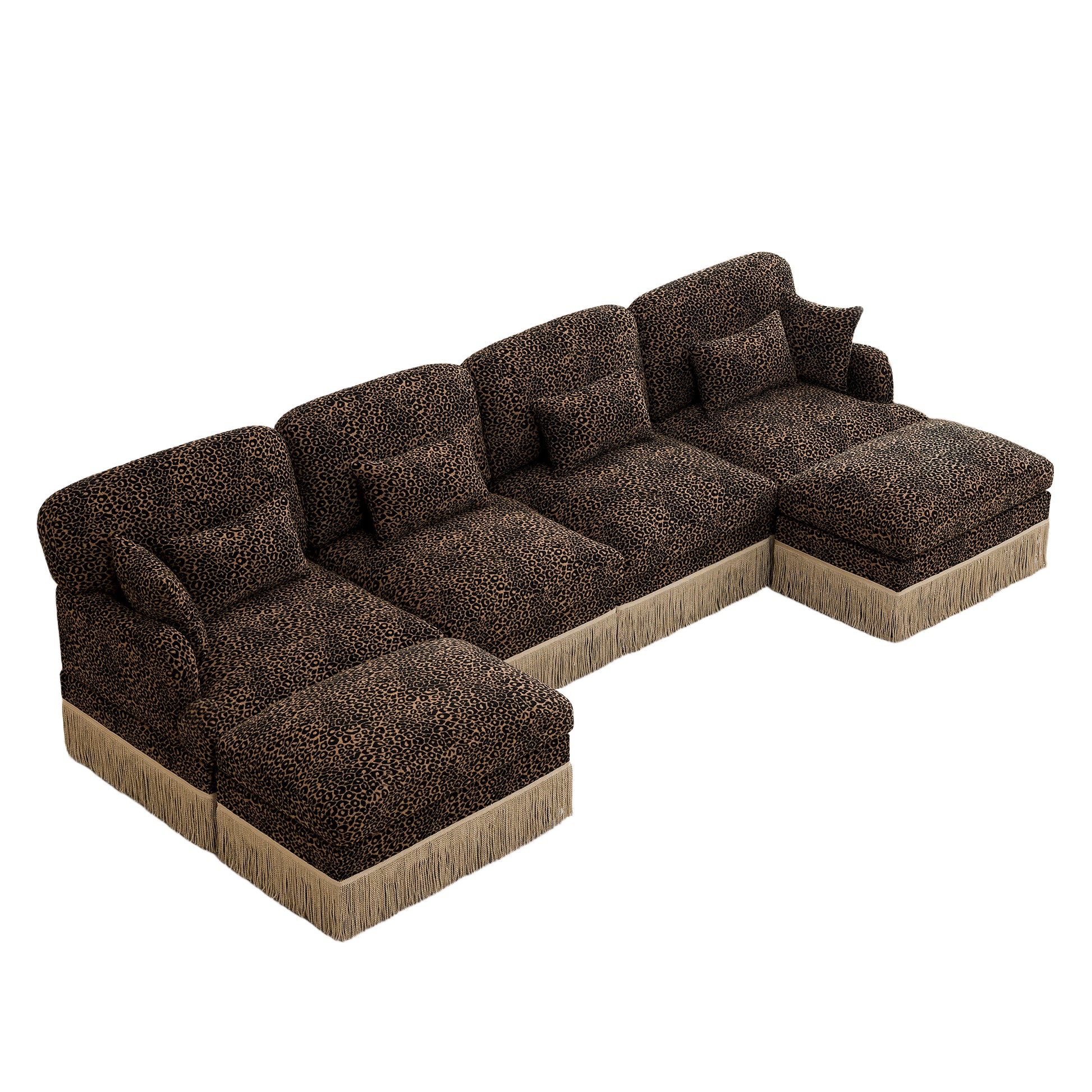 Tucson brown leopard print modular sofa showing angled overhead isolated u shaped sectional image on white background