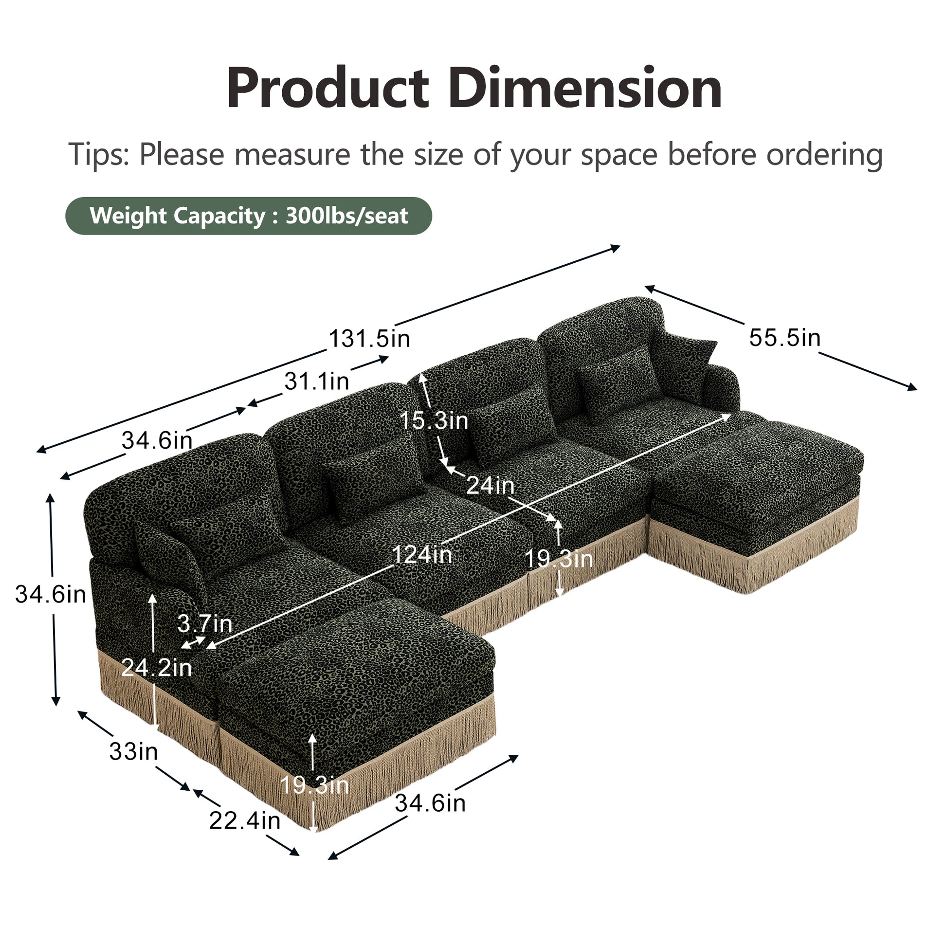 Tucson dark green leopard chenille sectional sofa showing product dimensions and seat weight capacity chart