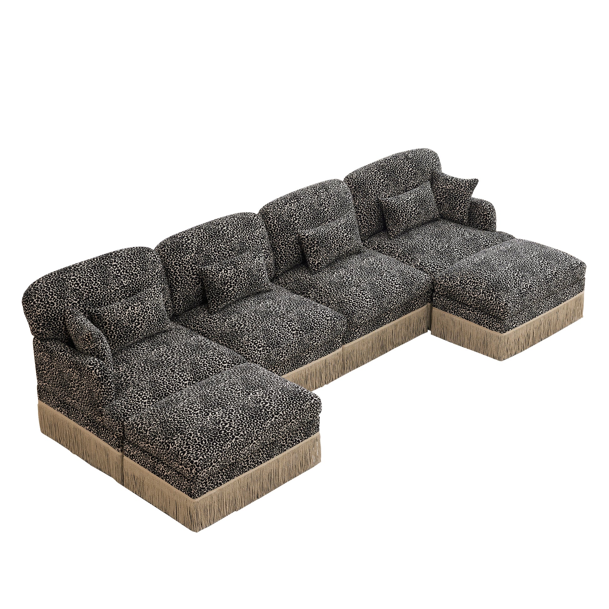 Tucson grey leopard print sectional sofa showing angled overhead isolated u shaped sofa image on white background