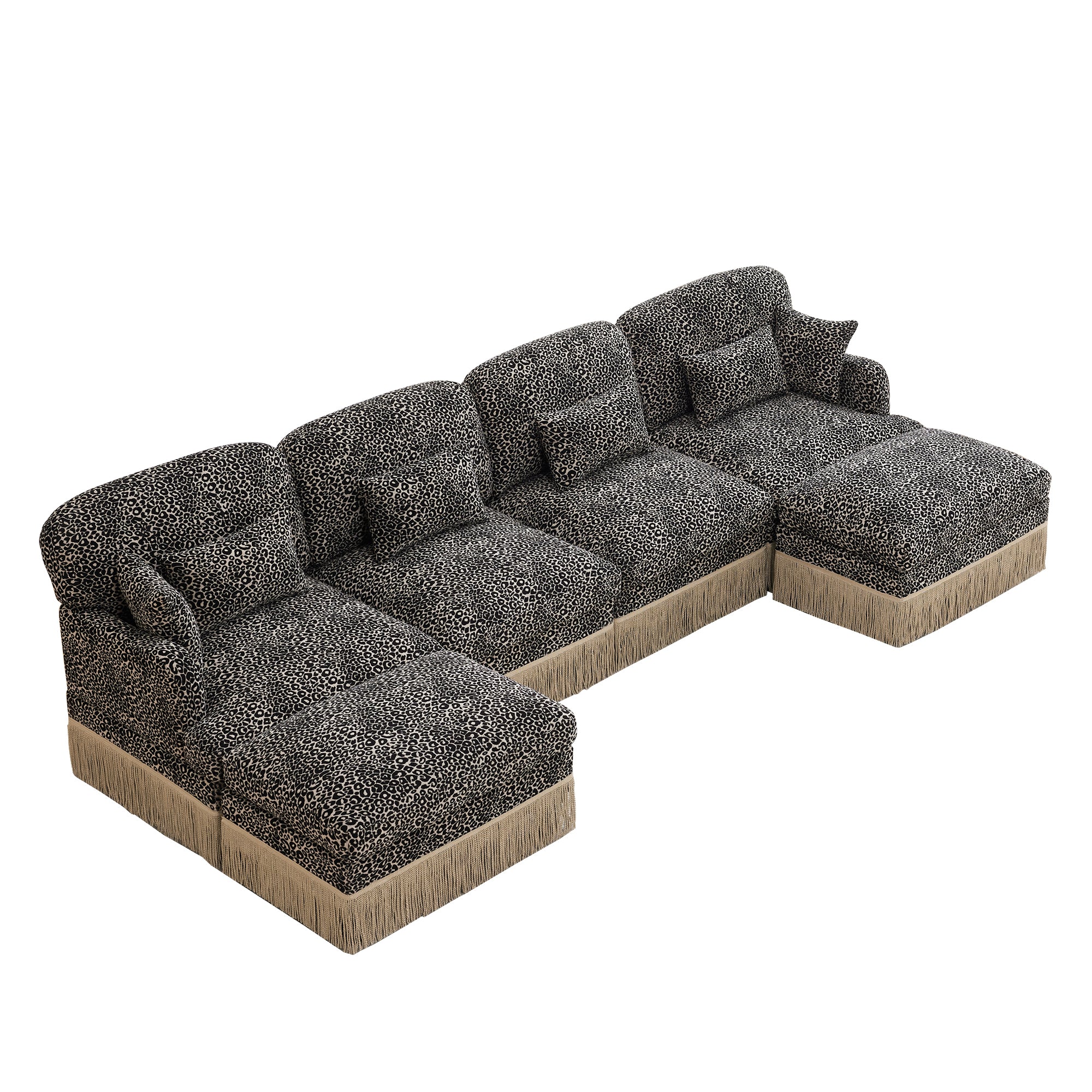 Tucson grey leopard print sectional sofa showing angled overhead isolated u shaped sofa image on white background