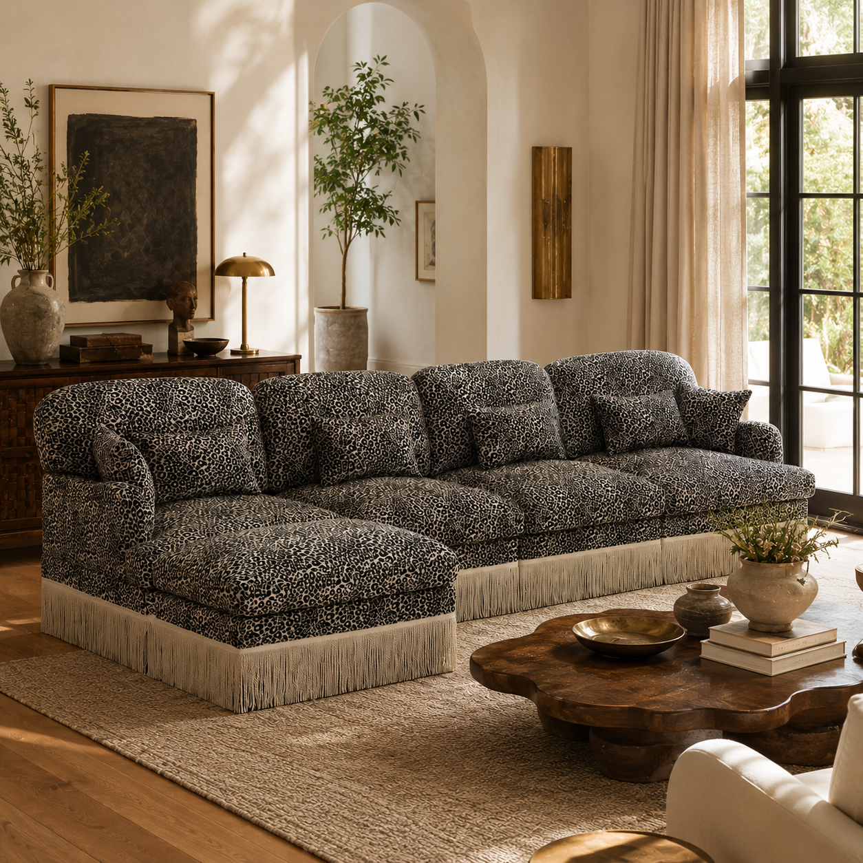 Tucson khaki grey leopard print sectional sofa styled in a warm living room