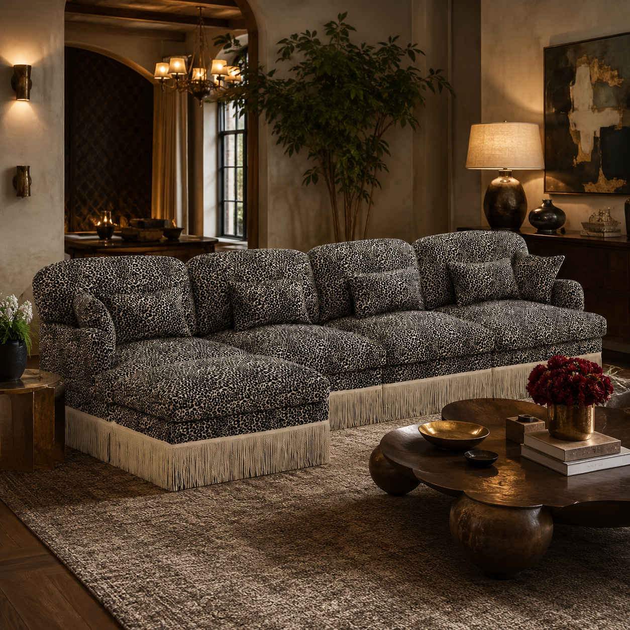 Tucson khaki grey leopard print sectional sofa styled in a vintage living room