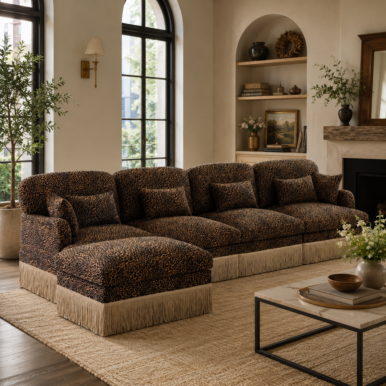Tucson leopard print sectional sofa styled in a warm living room