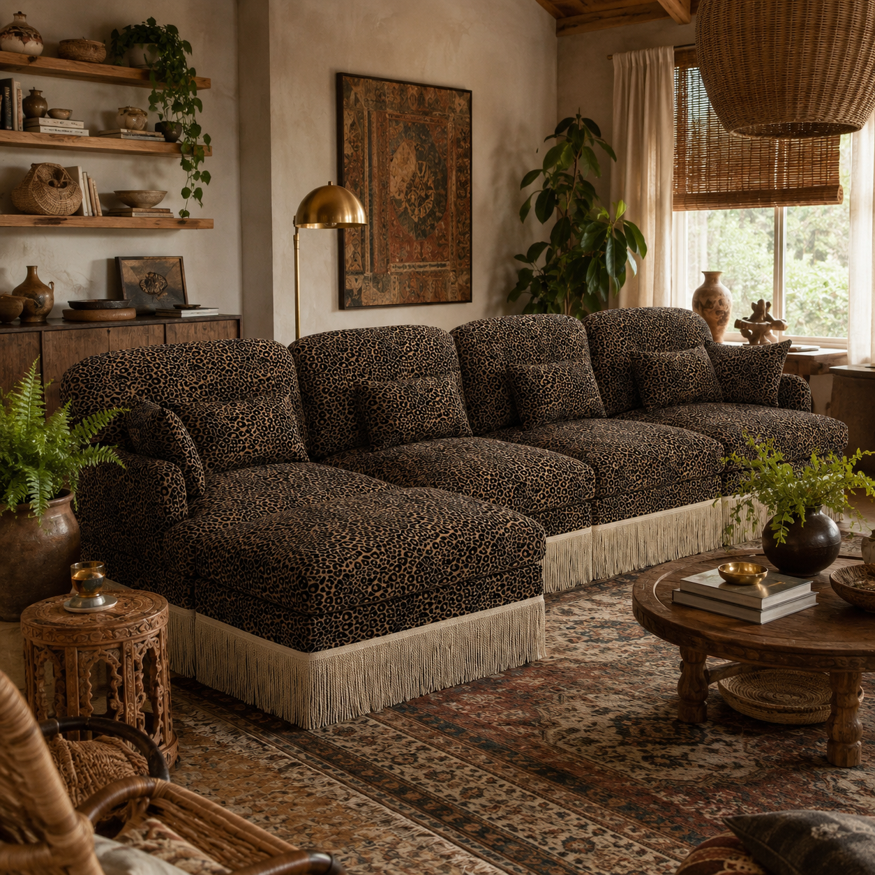 Tucson leopard print sectional sofa styled in a boho living room