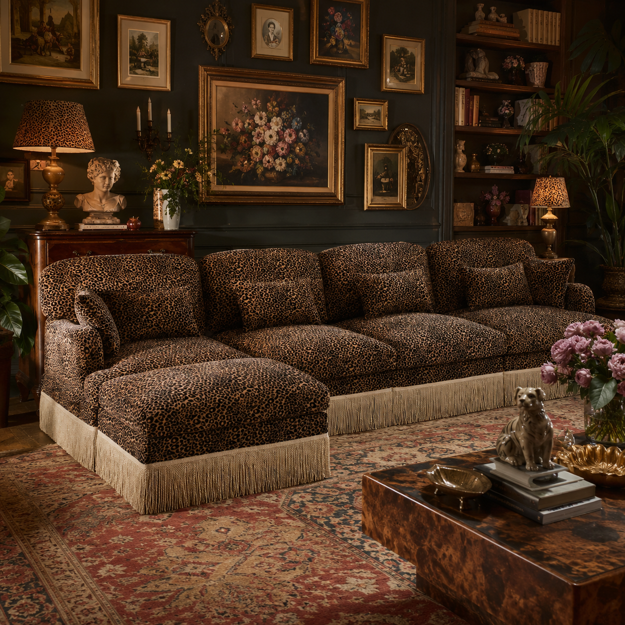 Tucson leopard print sectional sofa styled in a vintage living room