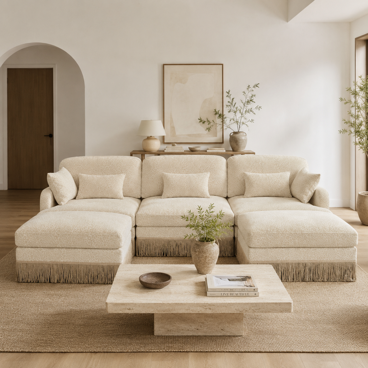 Tucson 100" Modular Leopard Print Chenille U-Shaped Sectional Sofa with 2 Ottomans and Fringe Trim