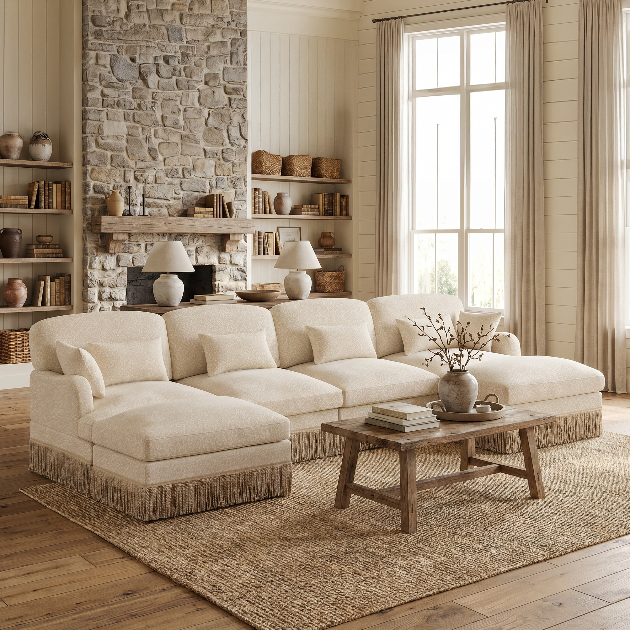 Tucson beige leopard print chenille U-shaped sectional sofa with fringe trim in cozy living room