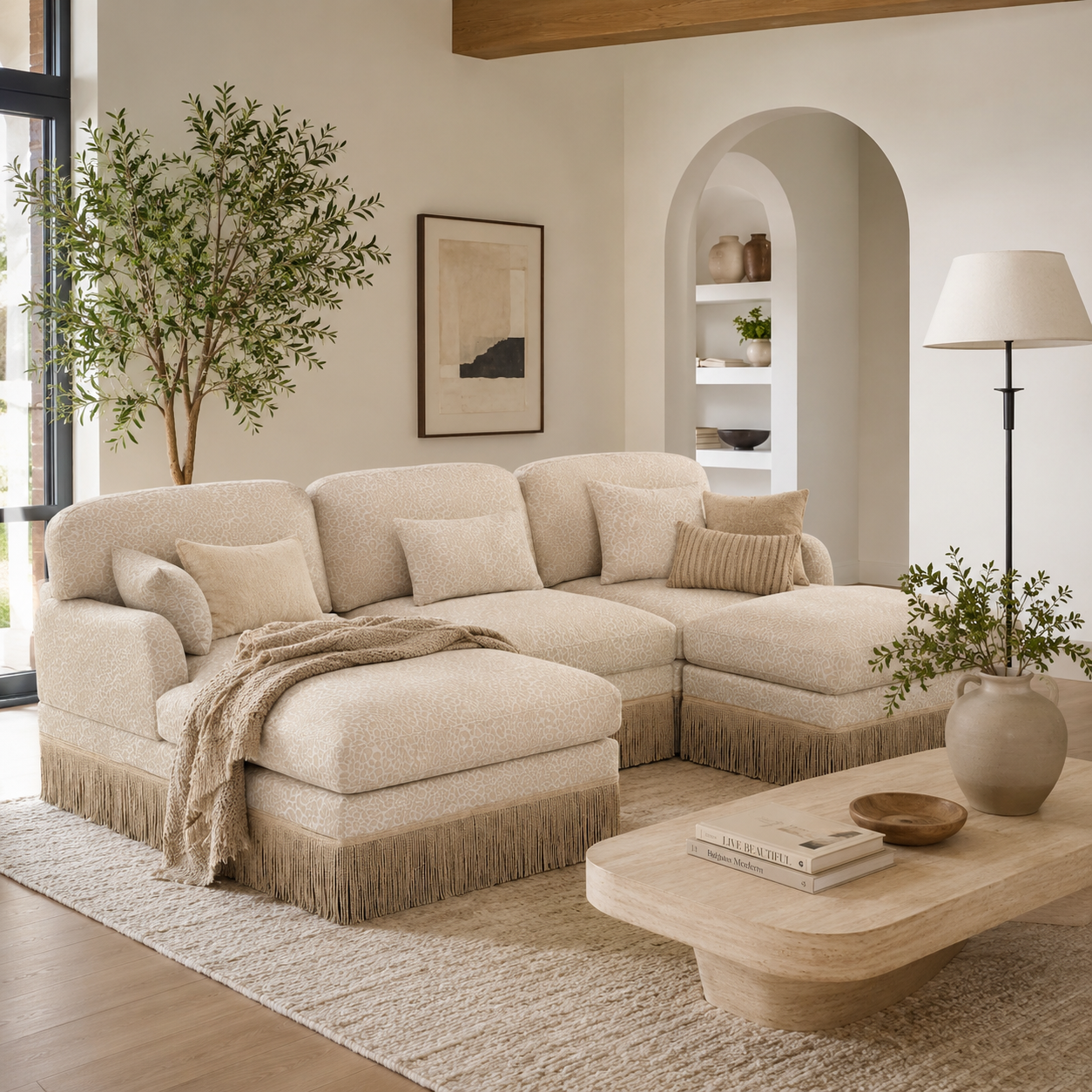 Tucson 100" Modular Leopard Print Chenille U-Shaped Sectional Sofa with 2 Ottomans and Fringe Trim