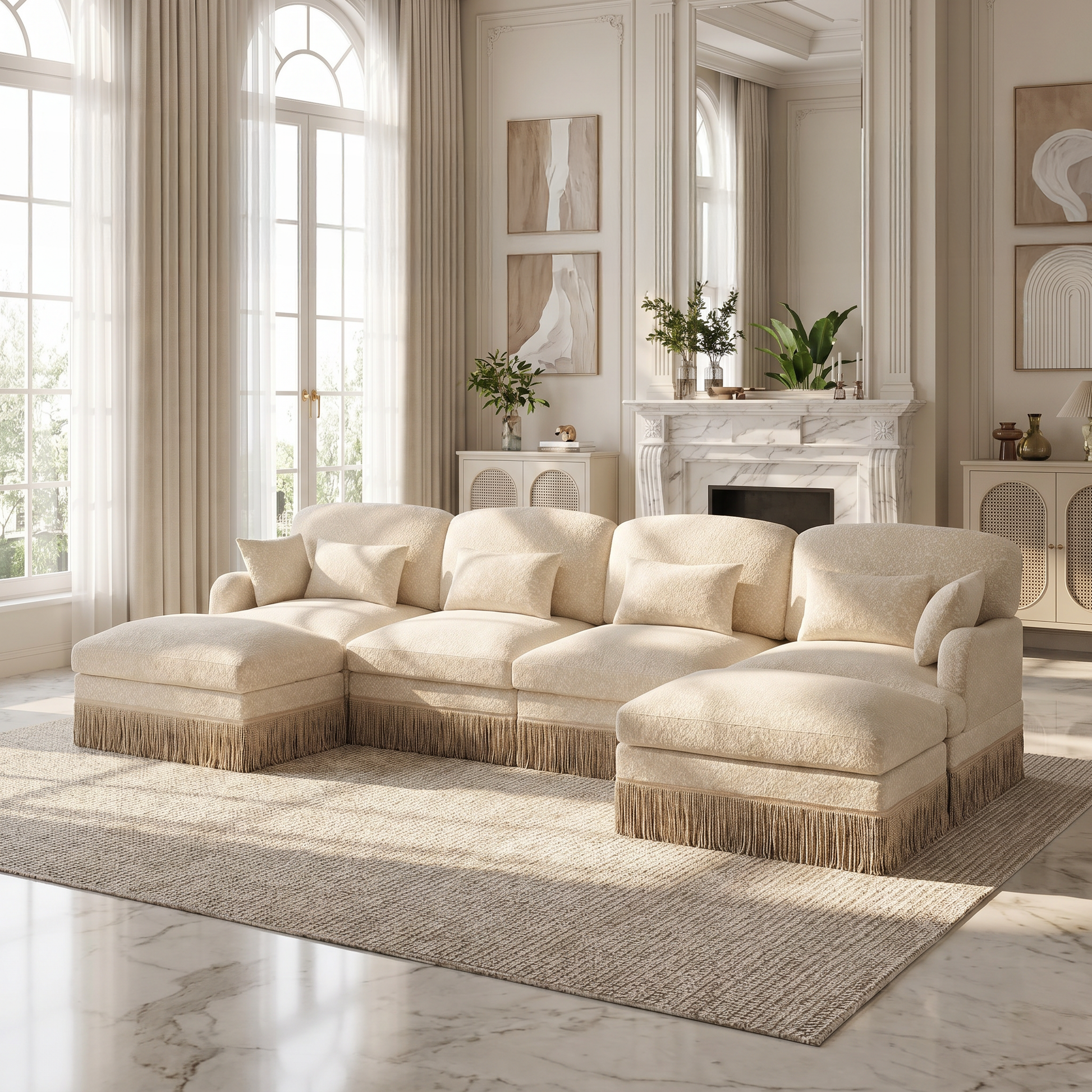 Tucson beige leopard print chenille U-shaped sectional sofa in bright luxury interior