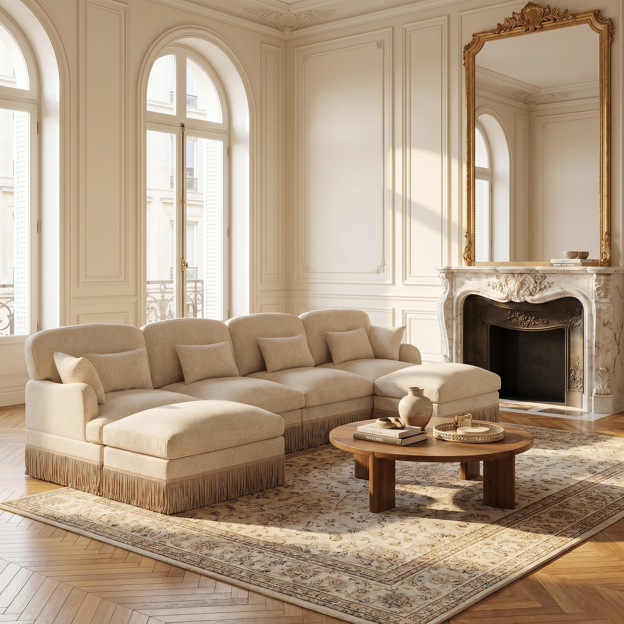Tucson beige leopard print chenille U-shaped sectional sofa beside round coffee table