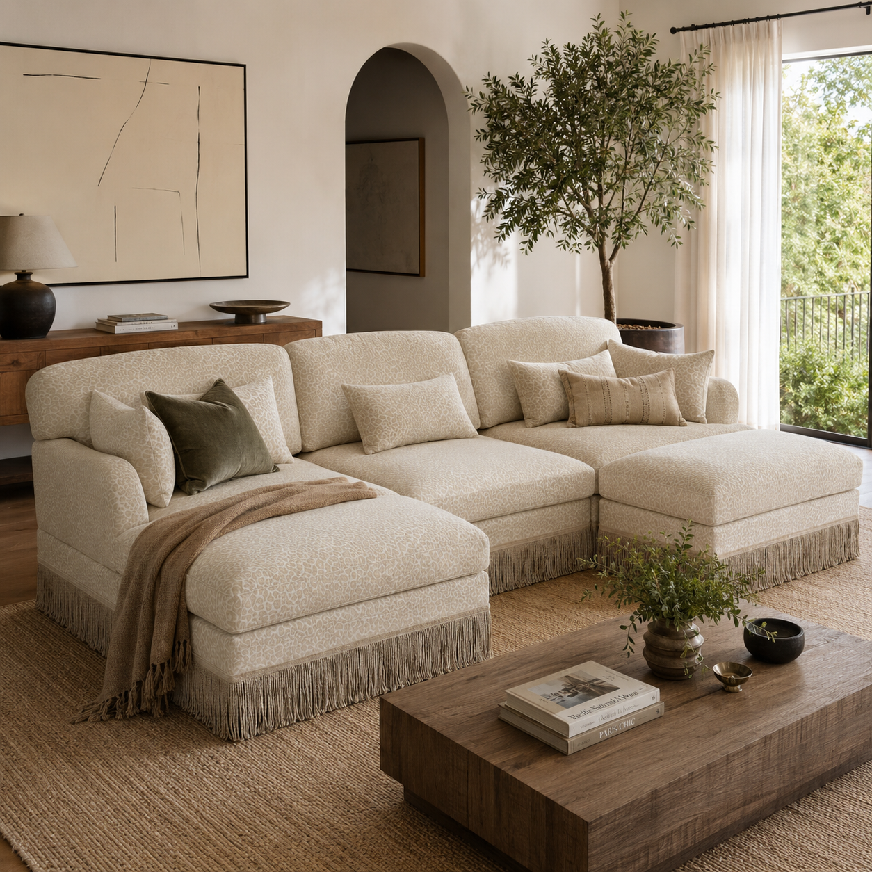 Tucson 100" Modular Leopard Print Chenille U-Shaped Sectional Sofa with 2 Ottomans and Fringe Trim