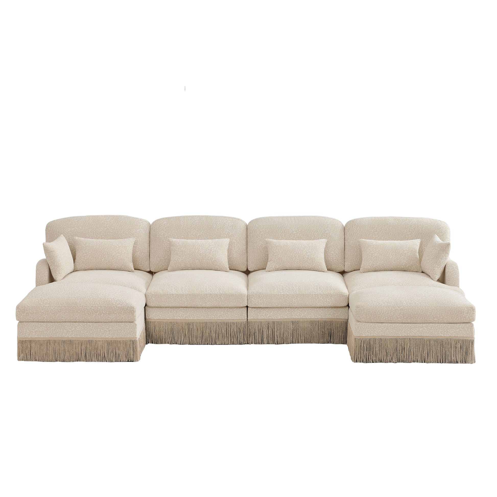 Tucson beige leopard print chenille U-shaped sectional sofa front view isolated on white background