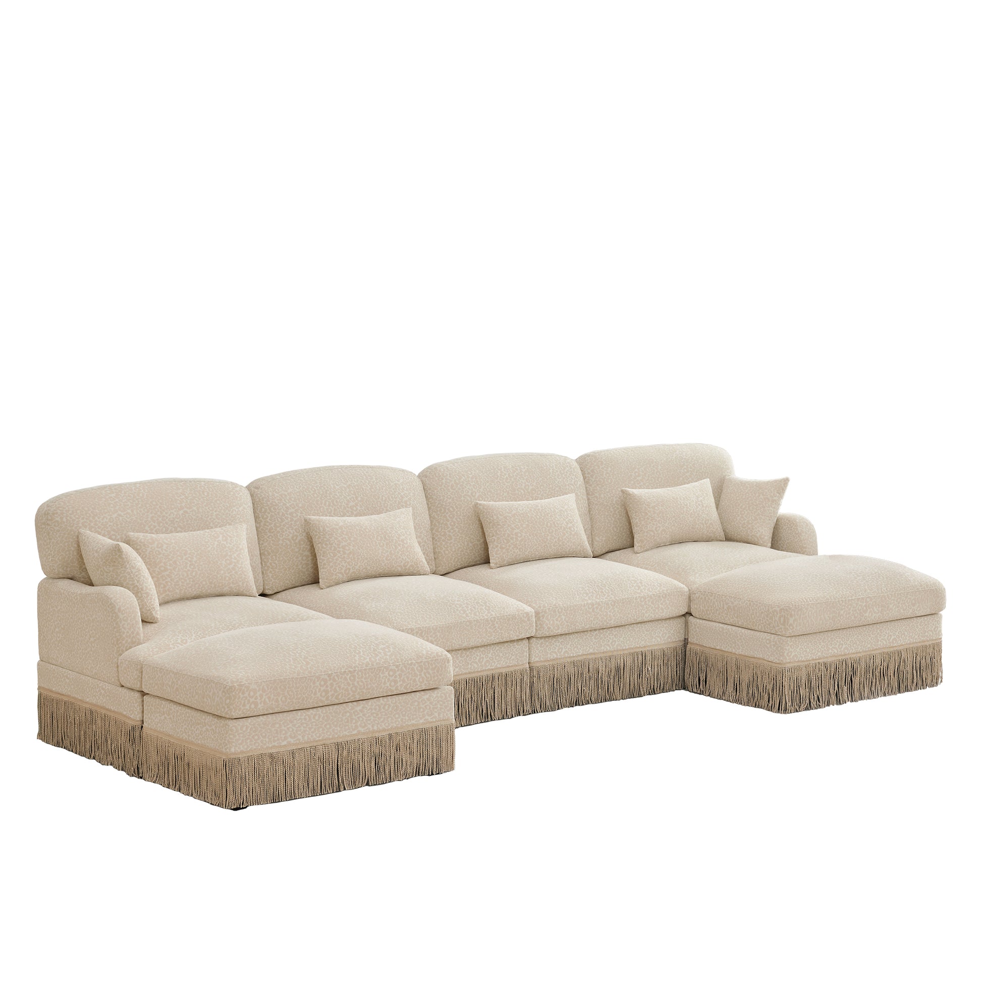 Tucson beige leopard print chenille U-shaped sectional sofa angled view isolated on white background