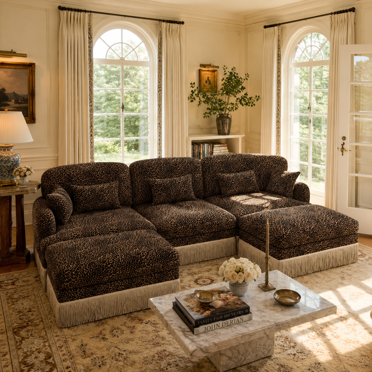 Tucson 100" Modular Leopard Print Chenille U-Shaped Sectional Sofa with 2 Ottomans and Fringe Trim