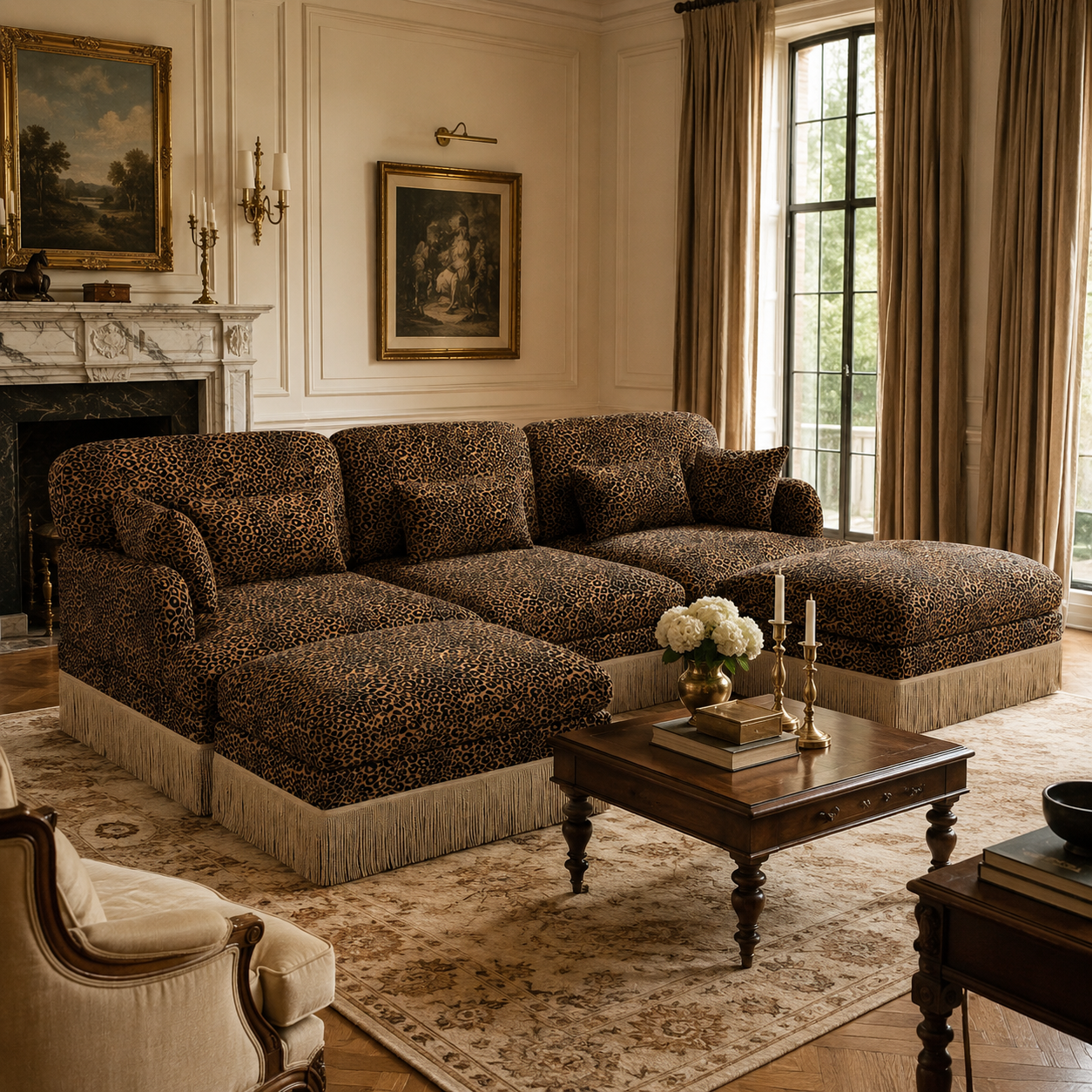 Tucson 100" Modular Leopard Print Chenille U-Shaped Sectional Sofa with 2 Ottomans and Fringe Trim
