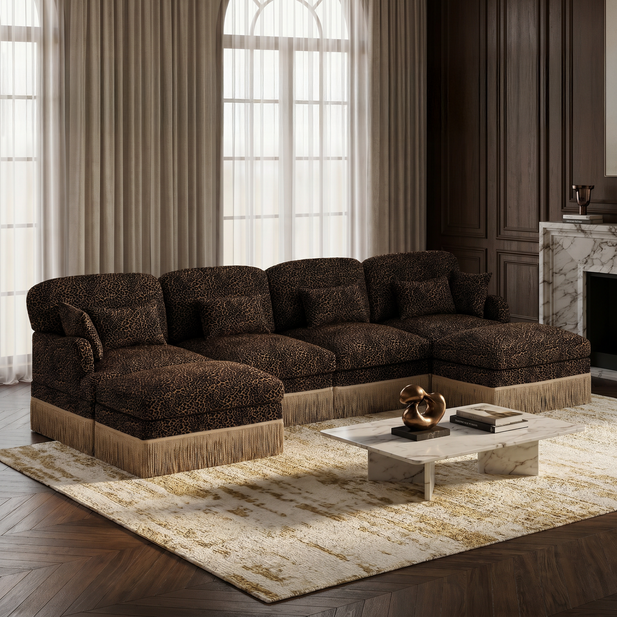 Tucson brown leopard print chenille U-shaped sectional sofa with fringe trim beside coffee table