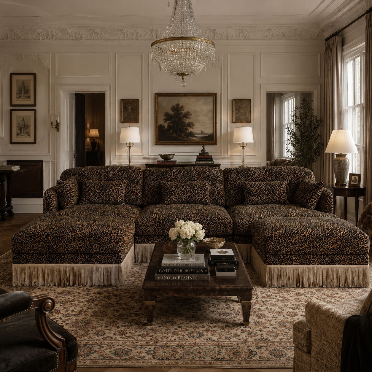 Tucson 100" Modular Leopard Print Chenille U-Shaped Sectional Sofa with 2 Ottomans and Fringe Trim