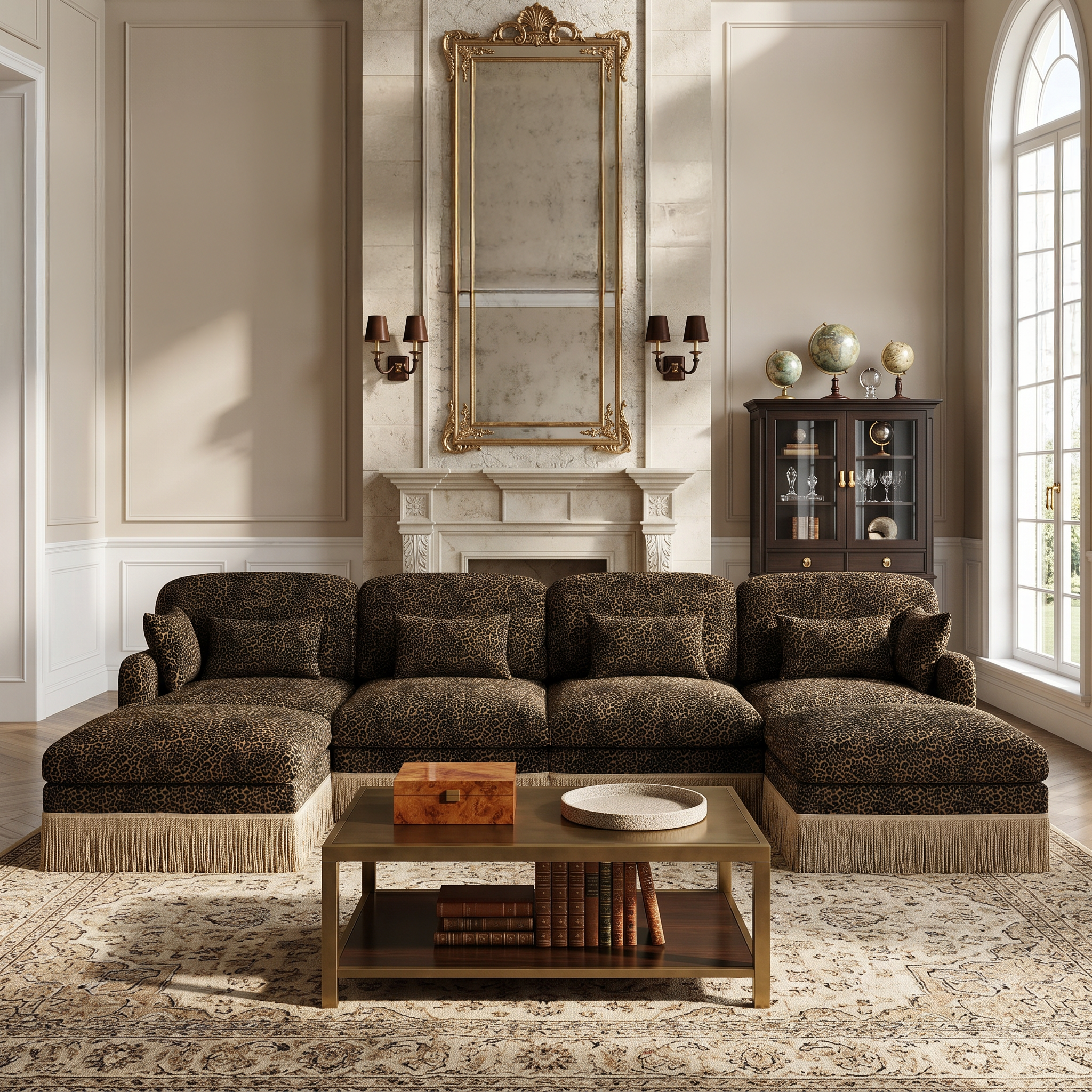 Tucson brown leopard print chenille U-shaped sectional sofa in luxury lounge interior