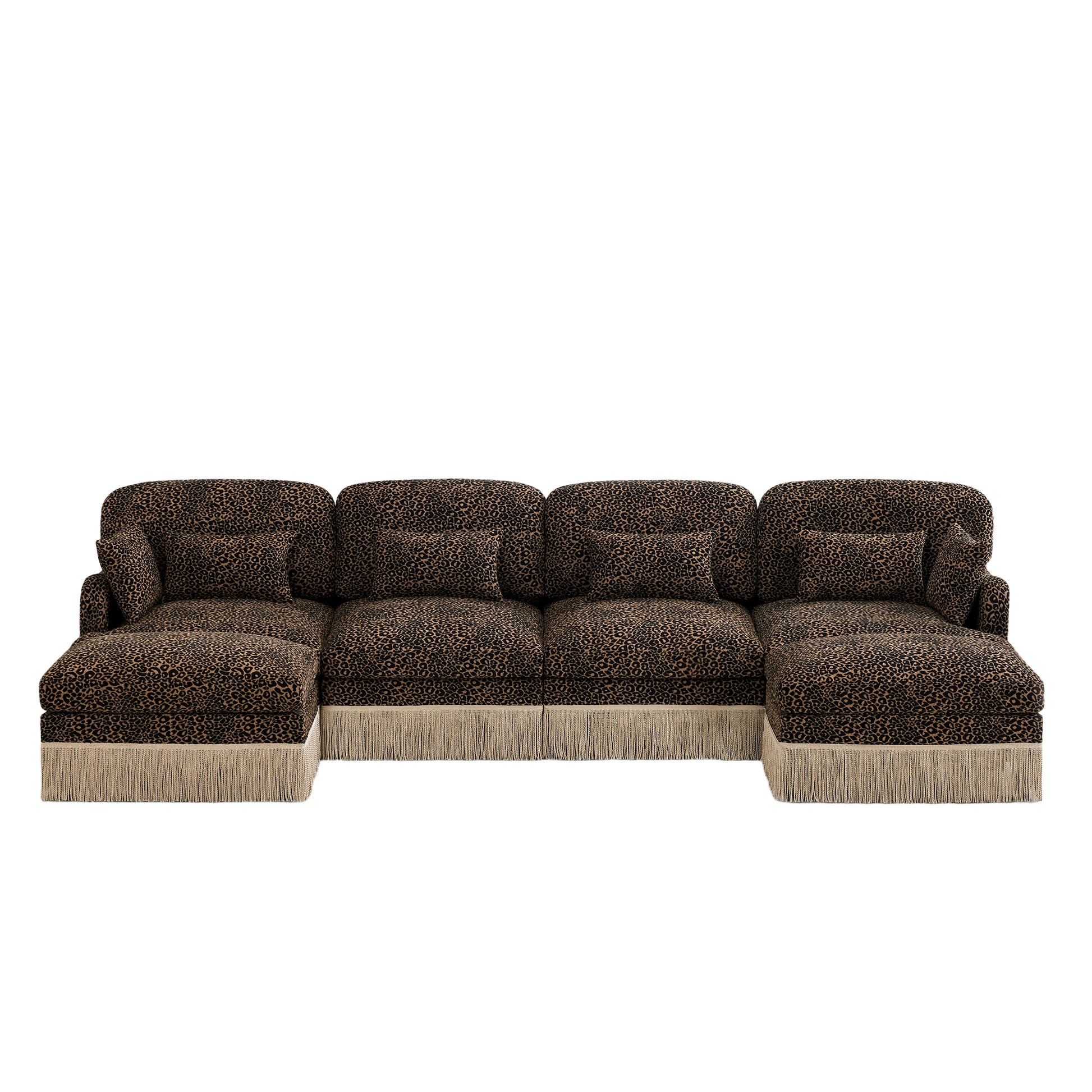 Tucson brown leopard print chenille U-shaped sectional sofa front view isolated on white background