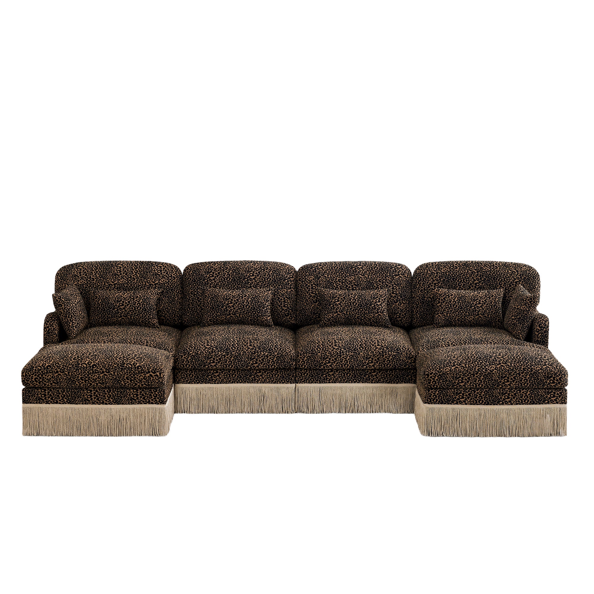 Tucson brown leopard print chenille U-shaped sectional sofa front view isolated on white background